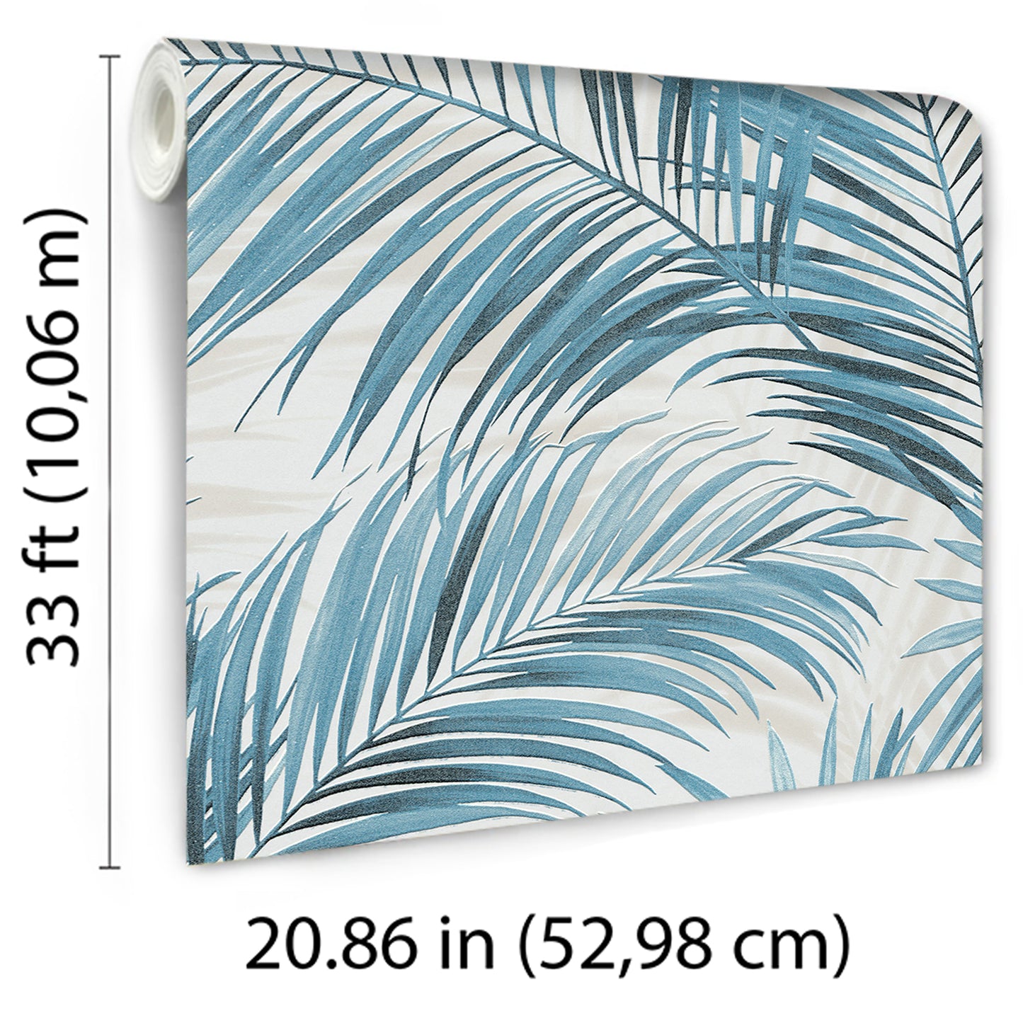 Wallpaper roll featuring teal blue palm leaves, tropical leaf pattern, 33 ft x 20.86 in.
