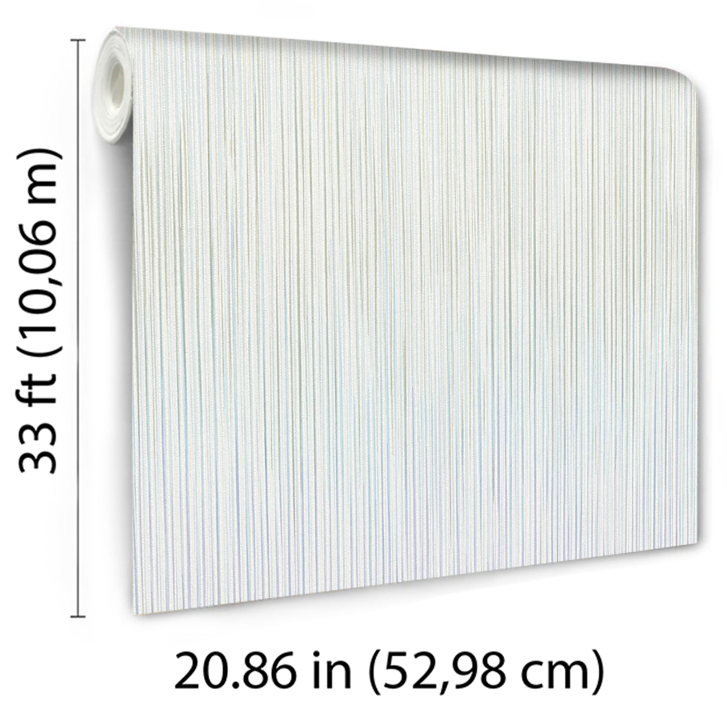 Roll of green wallpaper with raised stria texture; 33 ft long and 20.86 in wide.