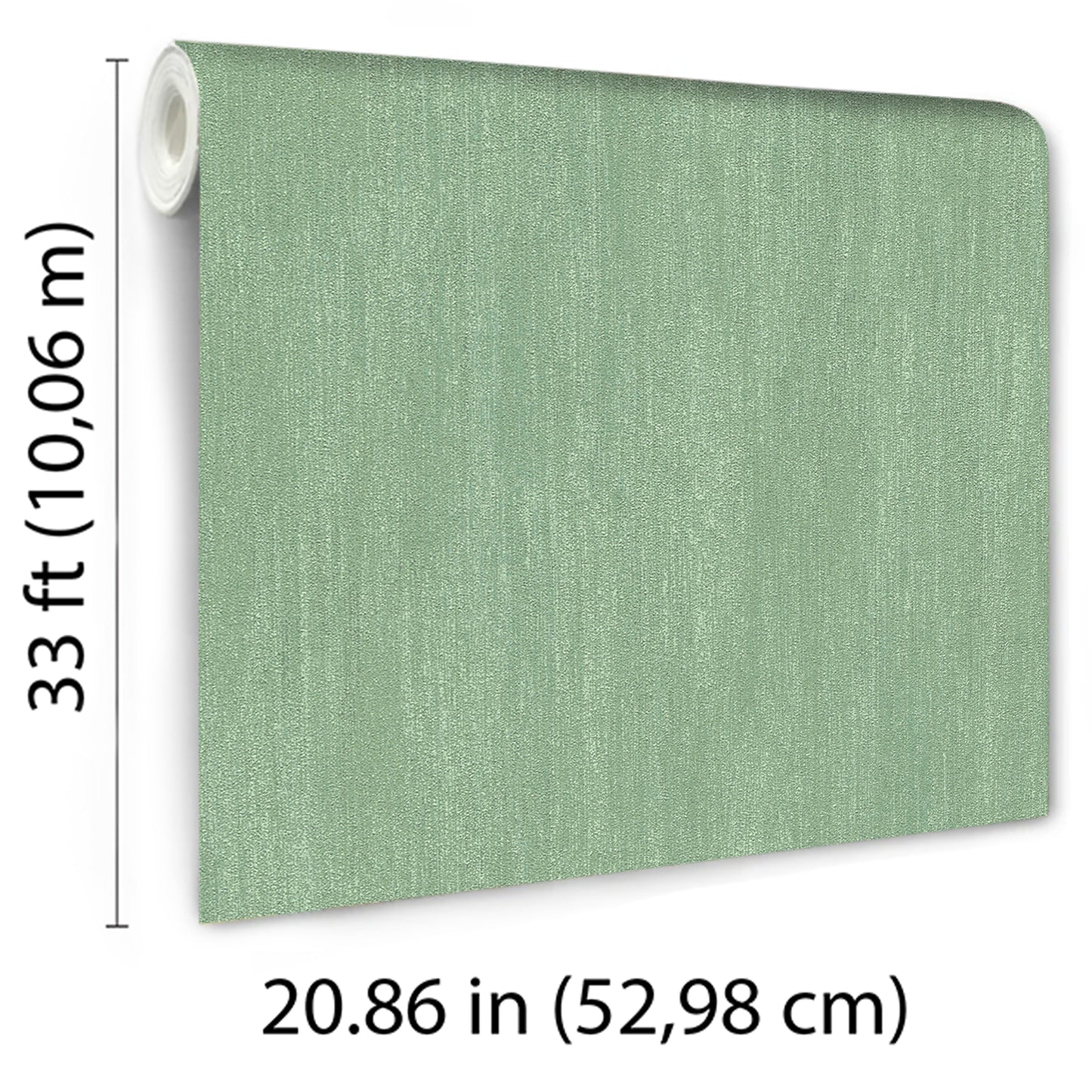Textured sage green wallpaper roll with raised texture; 52.98 cm wide by 10.06 m long, rolled core visible.