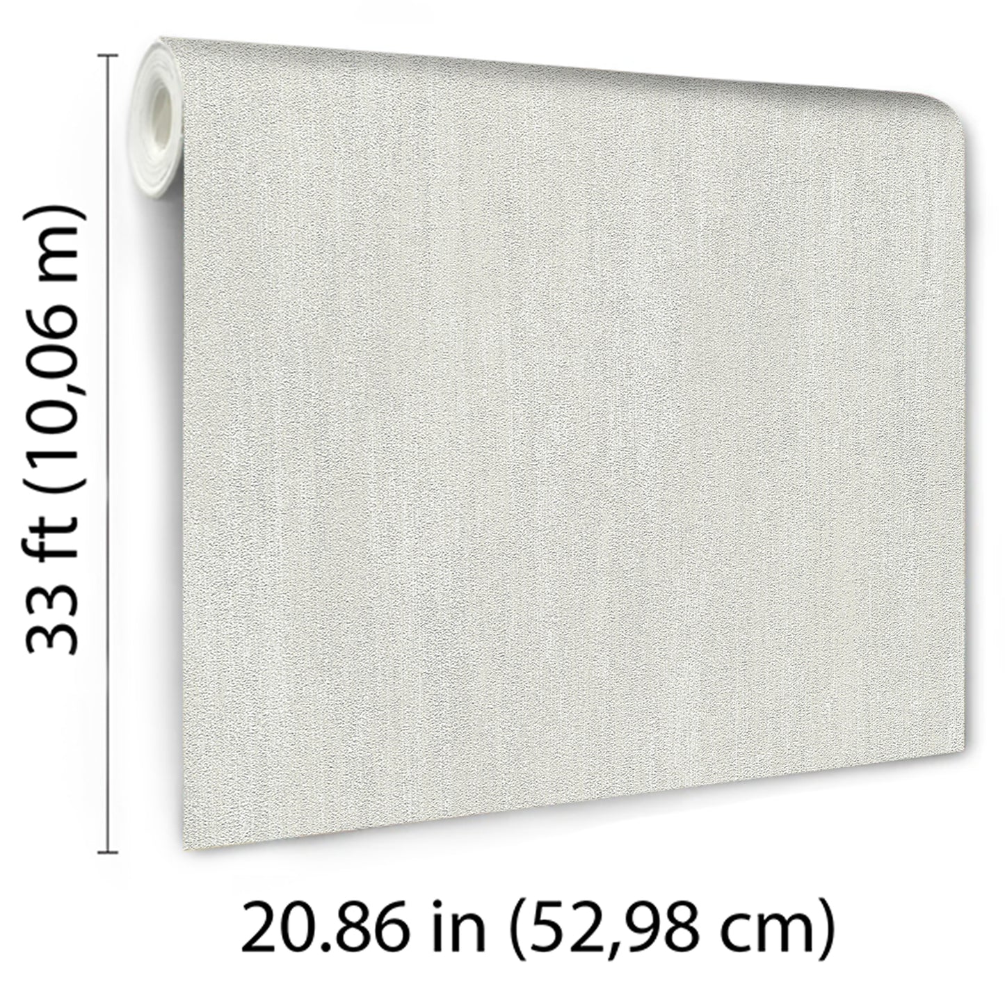 Off-white linen-textured wallpaper roll, rolled edge, 33 ft long by 20.86 in wide for walls or accent panels.