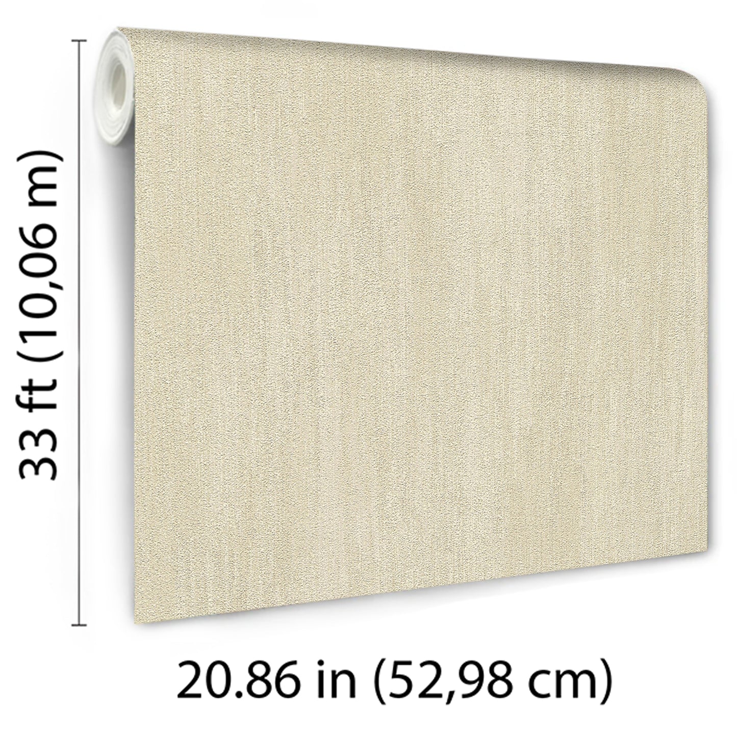 Beige raised-texture wallpaper roll with a fabric-like finish, 33 ft long by 20.86 in wide, ideal wall covering.