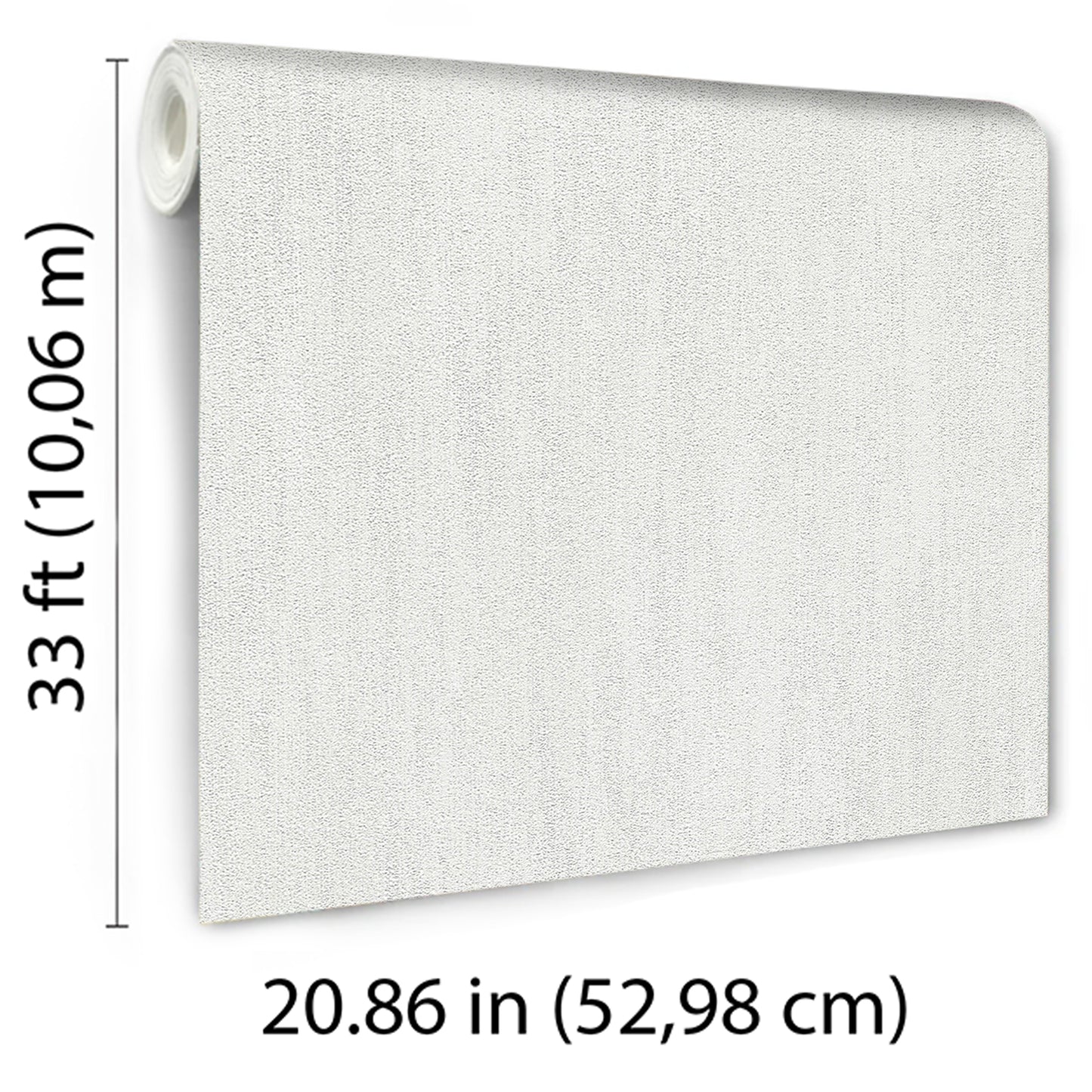 Light gray wallpaper roll with raised texture and fabric-like finish, 33 ft long and 20.86 in wide.