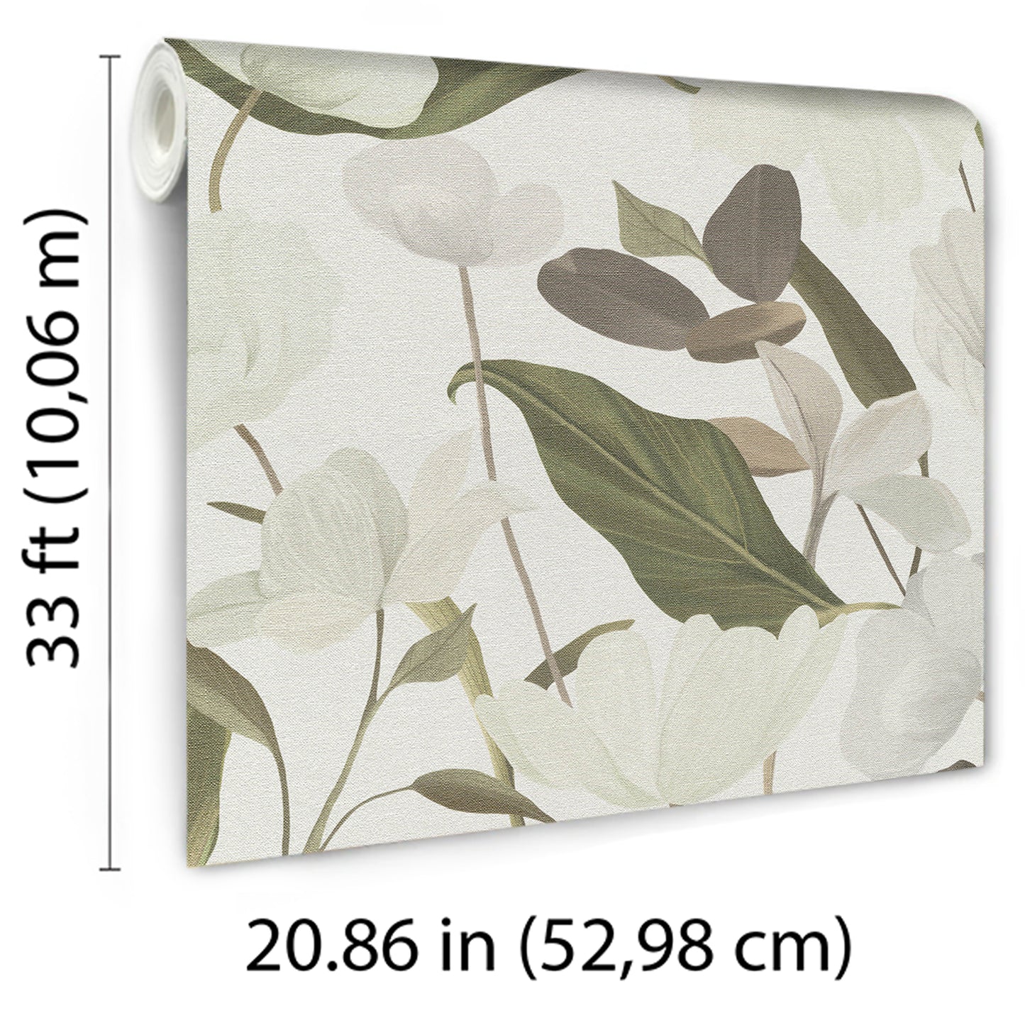 Rolled botanical wallpaper with white background, olive-green leaves and pale white flowers; decorative wall covering, 33 ft x 20.86 in.
