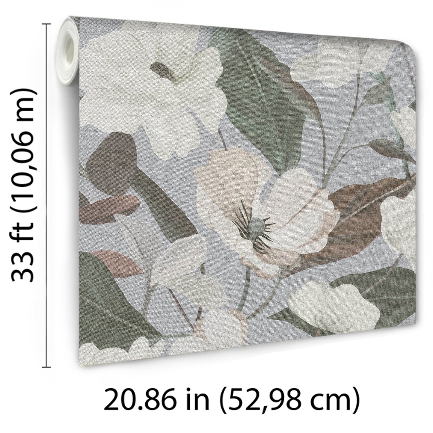 Floral wallpaper with cream blossoms and sage-green leaves on a pale blue background.