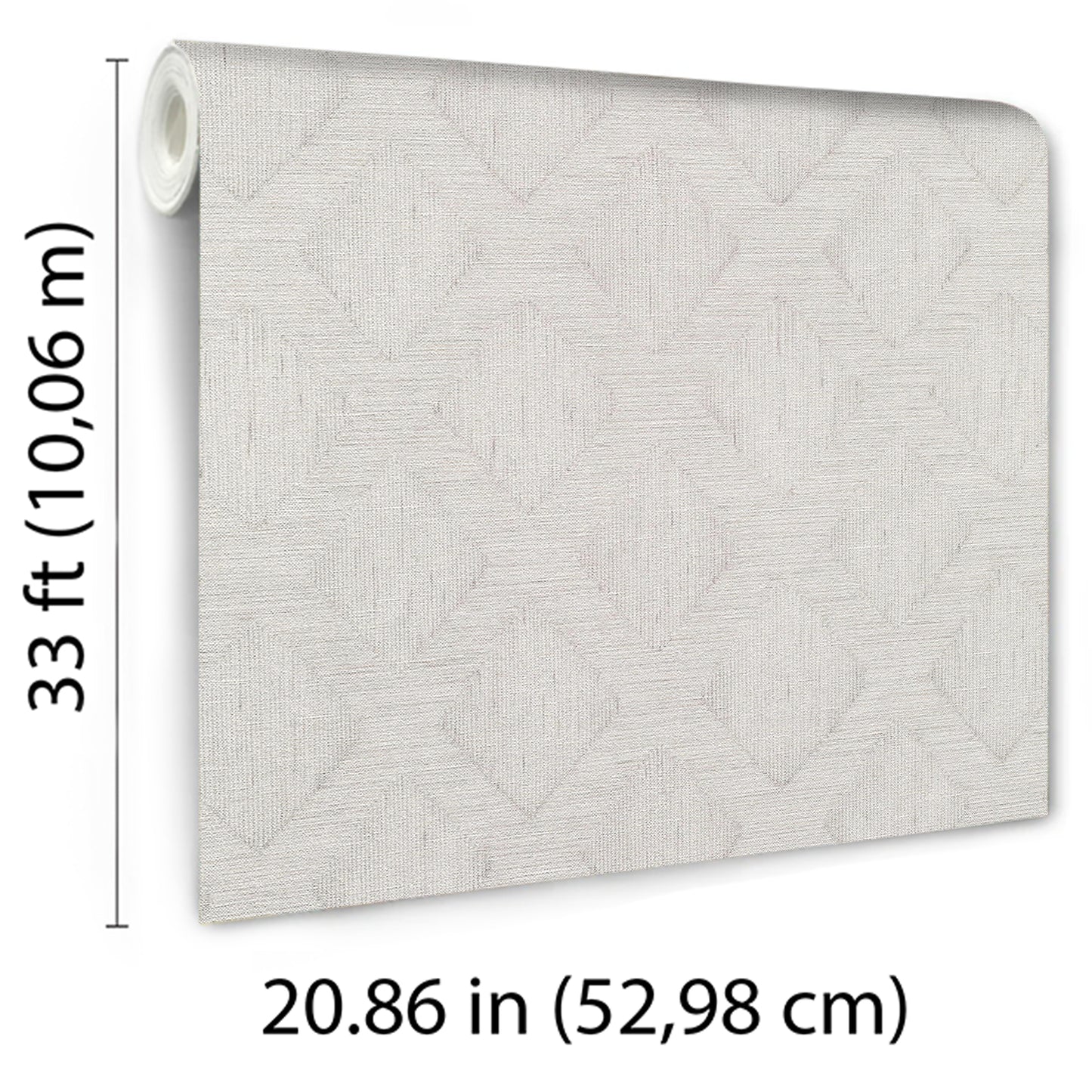 Neutral light gray textured geometric wallpaper roll with fabric-like pattern; 33 ft long, 20.86 in wide.