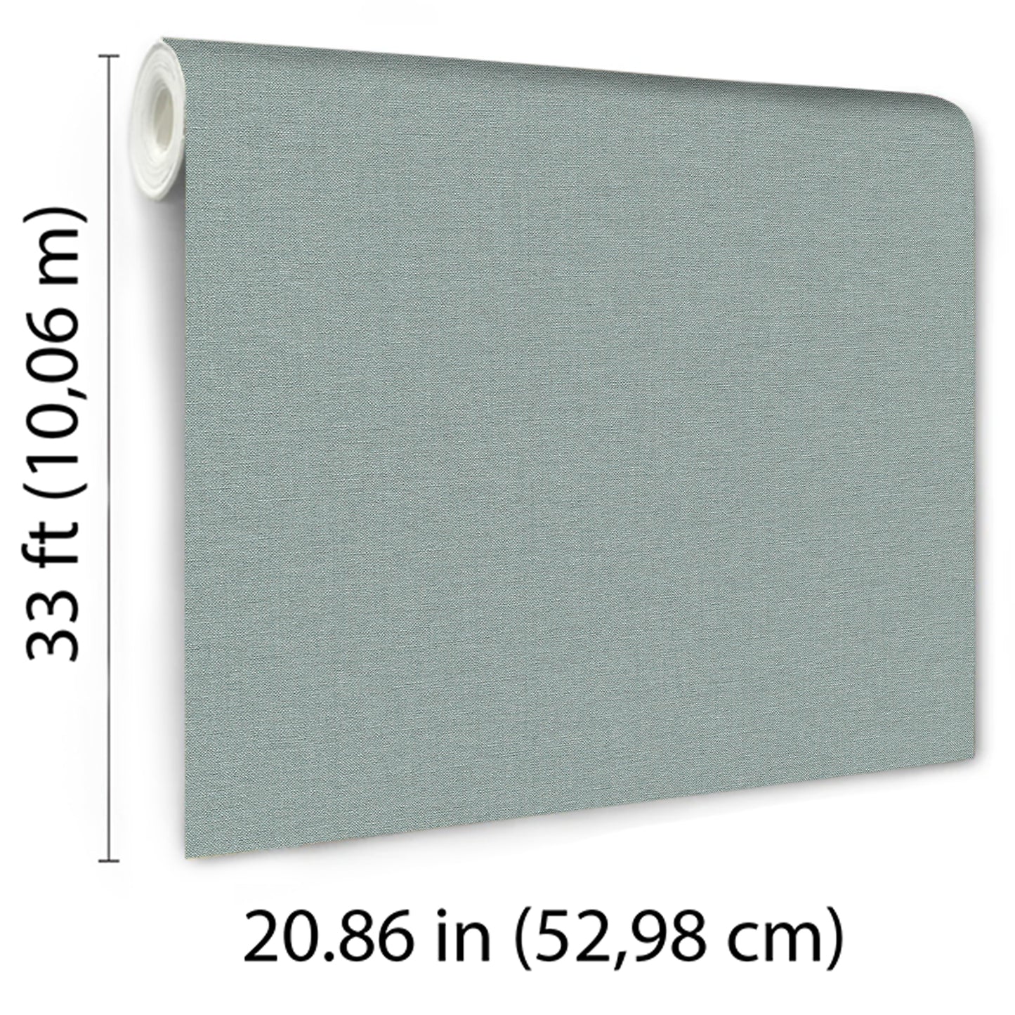 Teal textured wallpaper roll with a linen-like weave; long wall-covering sheet.