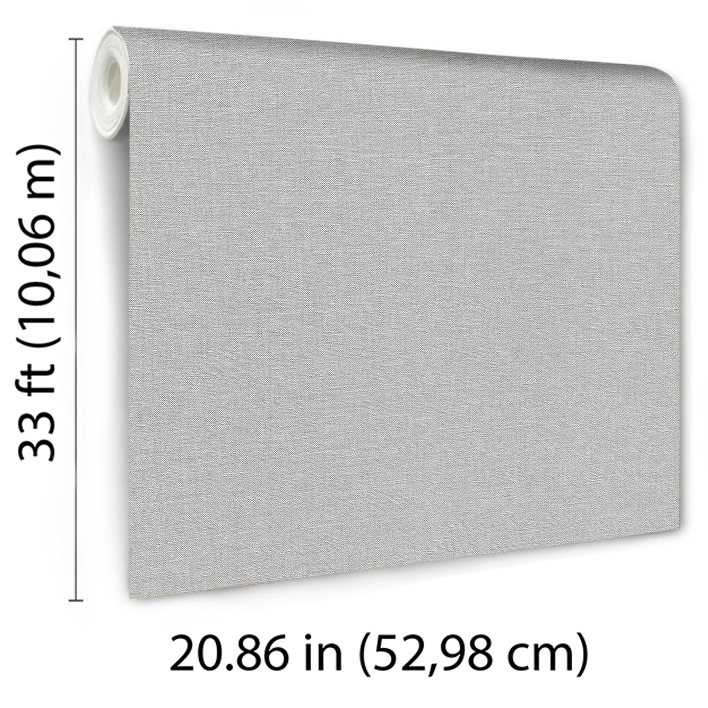 Gray linen-textured wallpaper roll with a small portion visible at top-left; 33 ft long by 20.86 in wide.