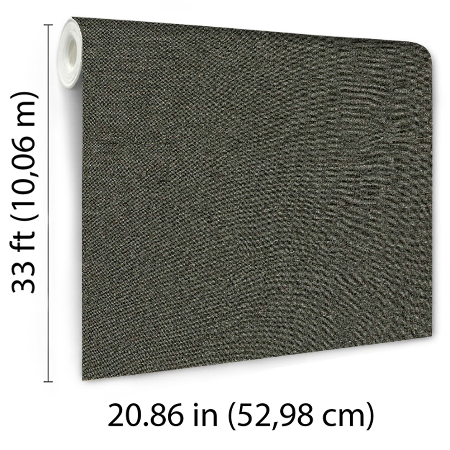 Green linen-textured wallpaper with a traditional pattern in soft tones.