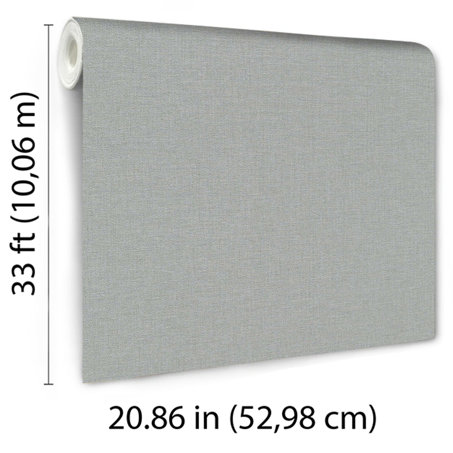 Blue linen-textured wallpaper roll, 33 ft long x 20.86 in wide.
