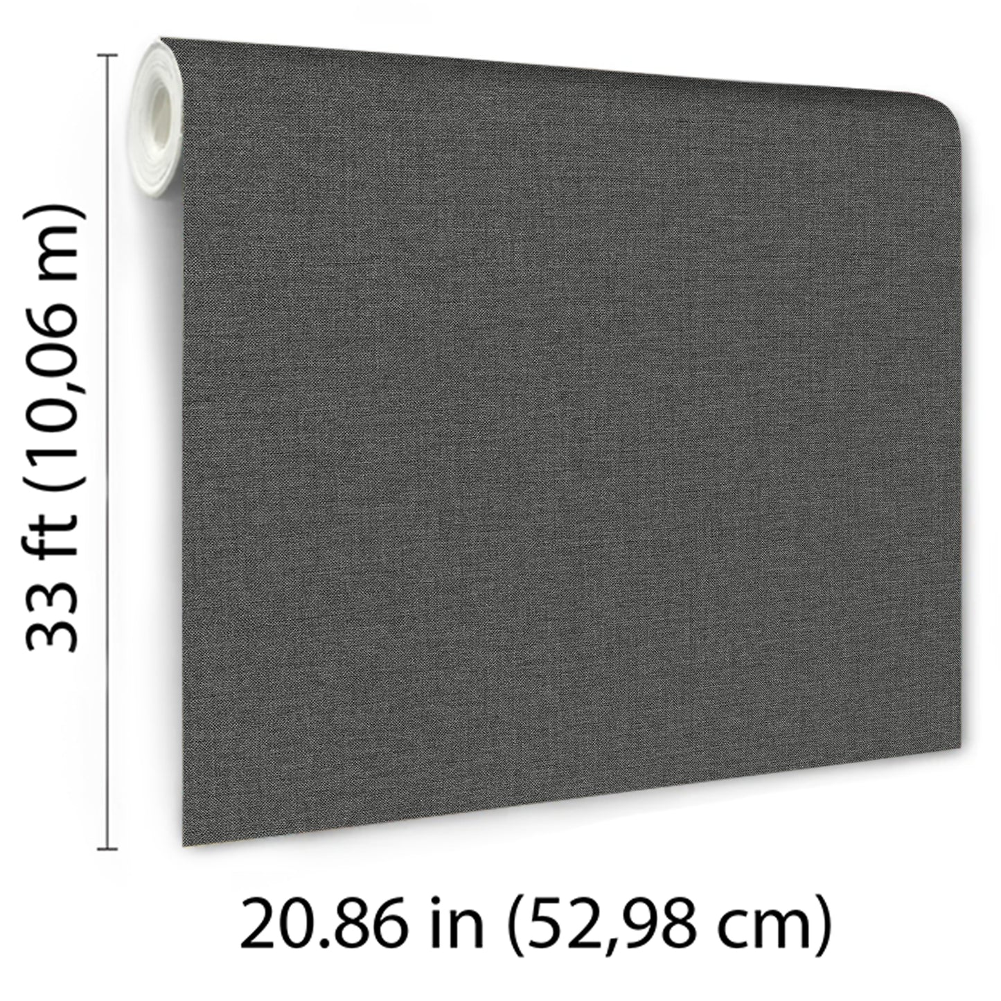 Dark gray wallpaper with a linen-like texture and traditional black pattern; wall covering, 33 ft tall by 20.86 in wide.