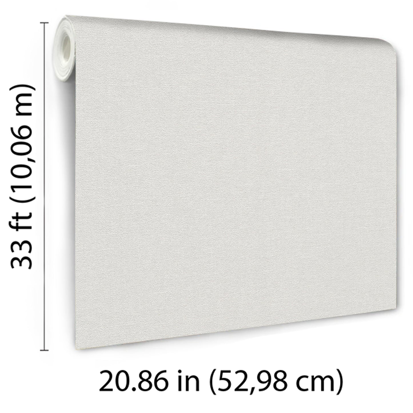 Beige textured wallpaper roll with fabric-like surface; partially unrolled panel, 20.86 in wide, 33 ft long.