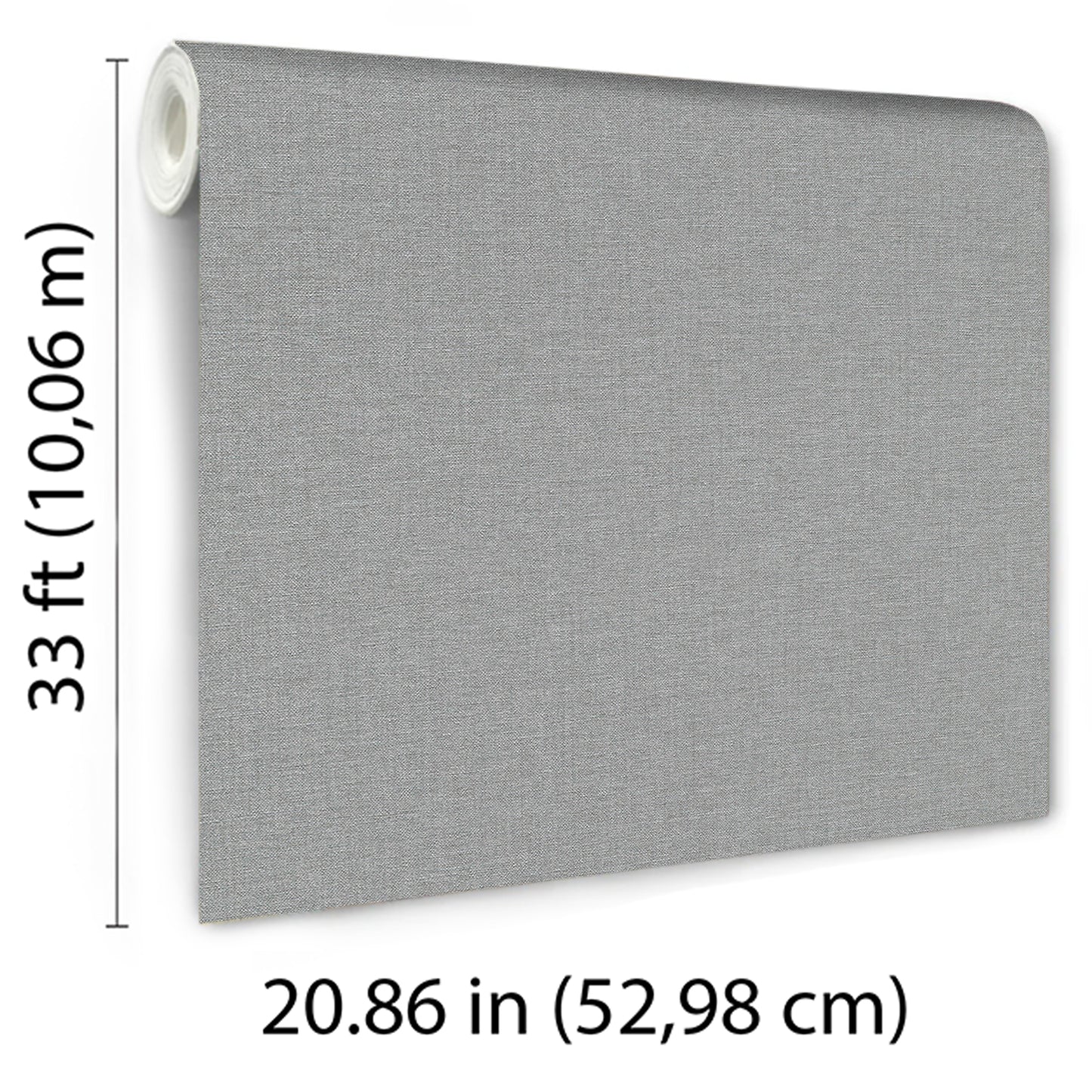 Grey textured wallcovering roll with rolled edge; fabric-like vinyl, 33 ft long by 20.86 in wide.