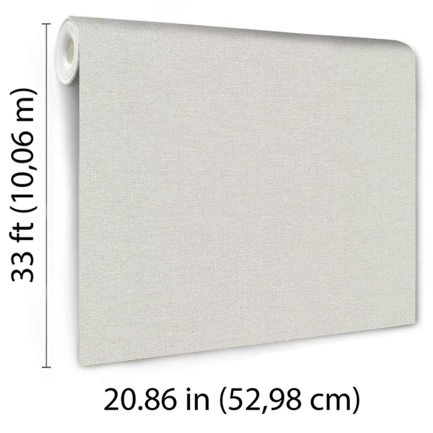 Cream linen-textured wallpaper roll, 33 ft long and 20.86 in wide, rolled end visible.