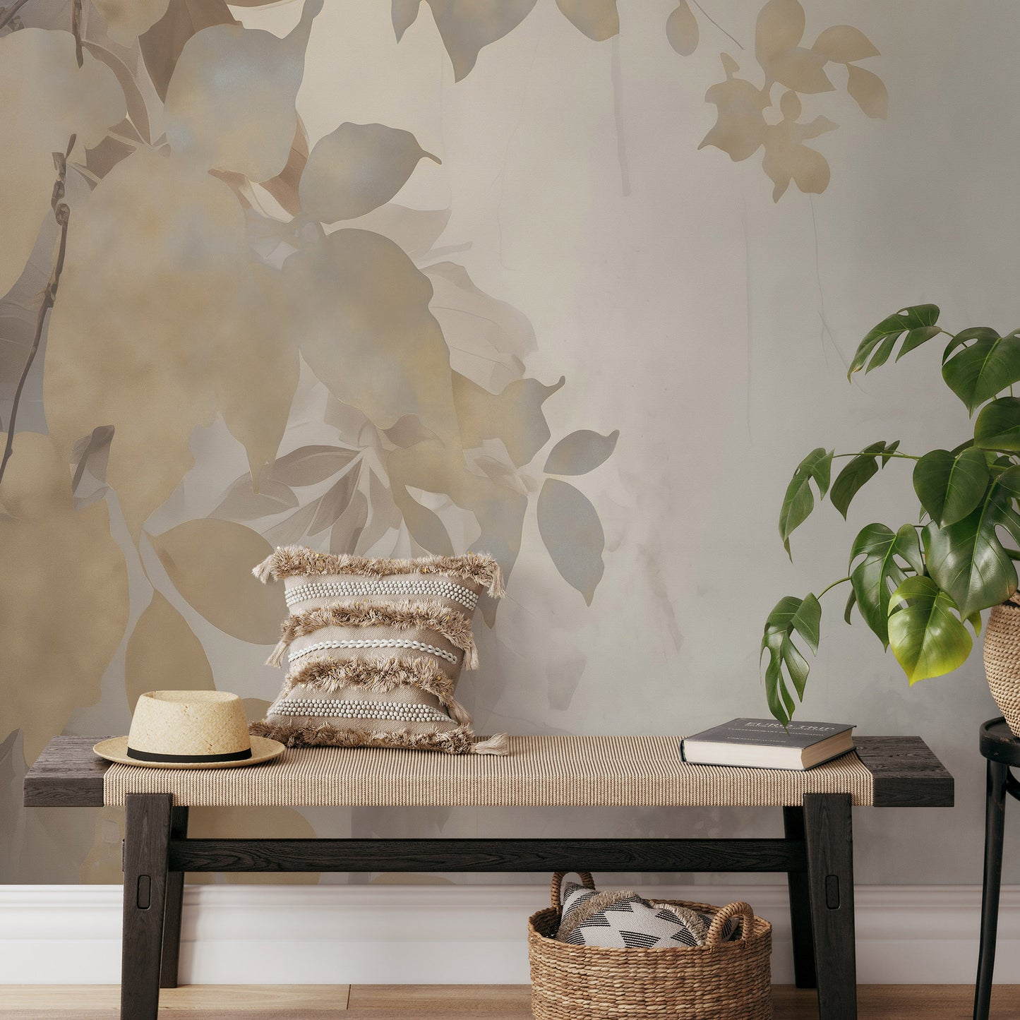 VEER DECOR Afterglow Leaves Silver Wall Mural Leaves Transitional silver Wallpaper - 8416-VRZM-AF-1