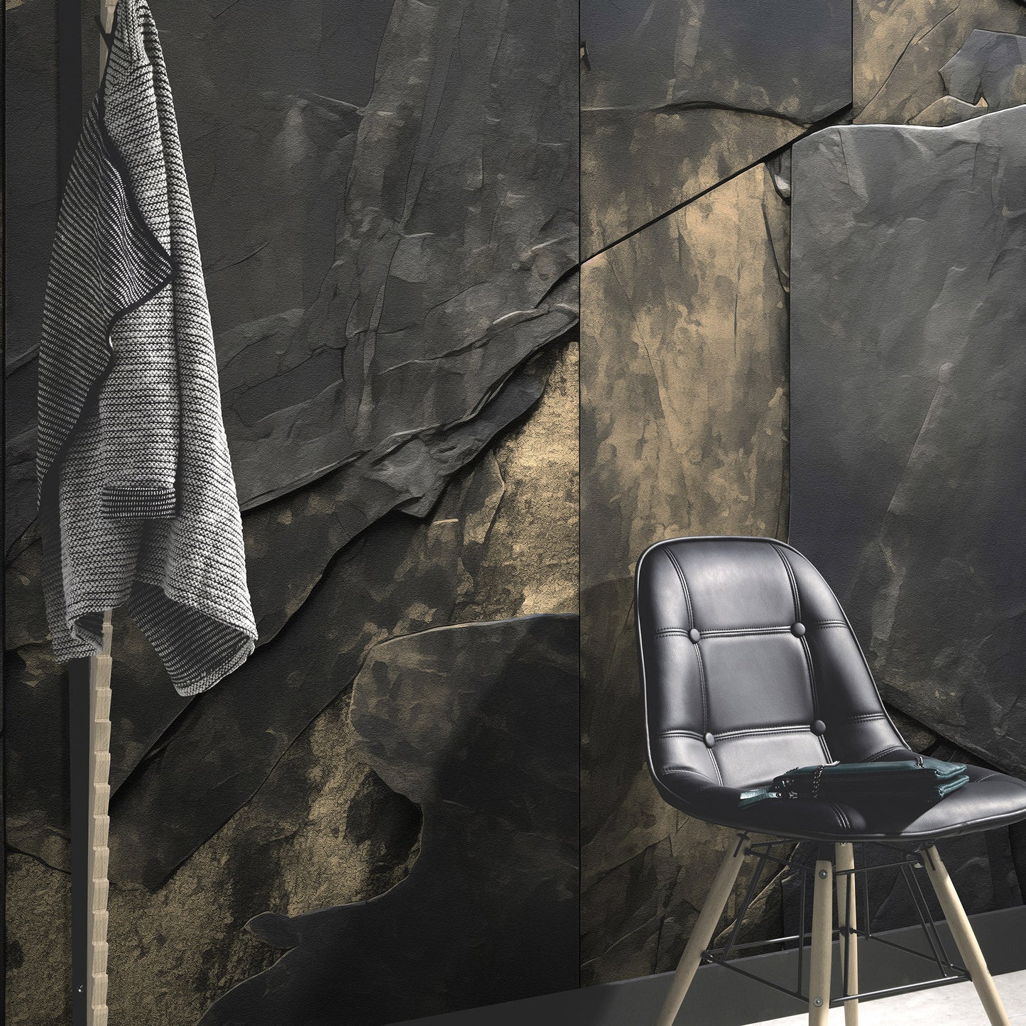 VEER DECOR Obsidian Gold Stoneworks Black Wall Mural Faux,Naturals Modern black Wallpaper - 8416-VRZM-AQ