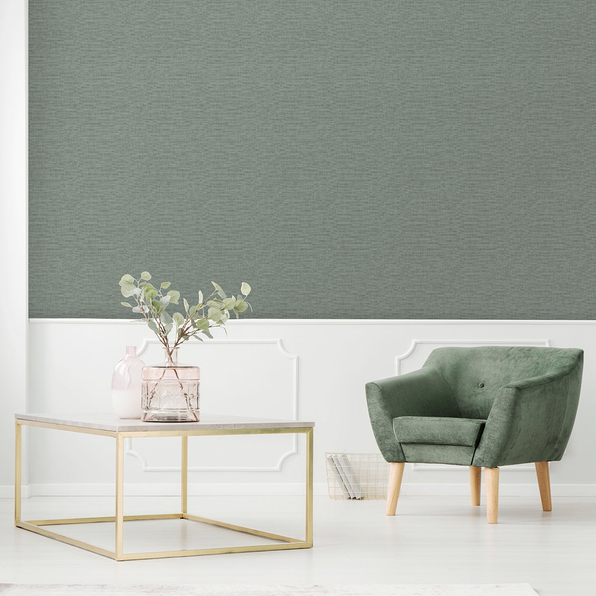 Green wallpaper with a linen-weave texture.