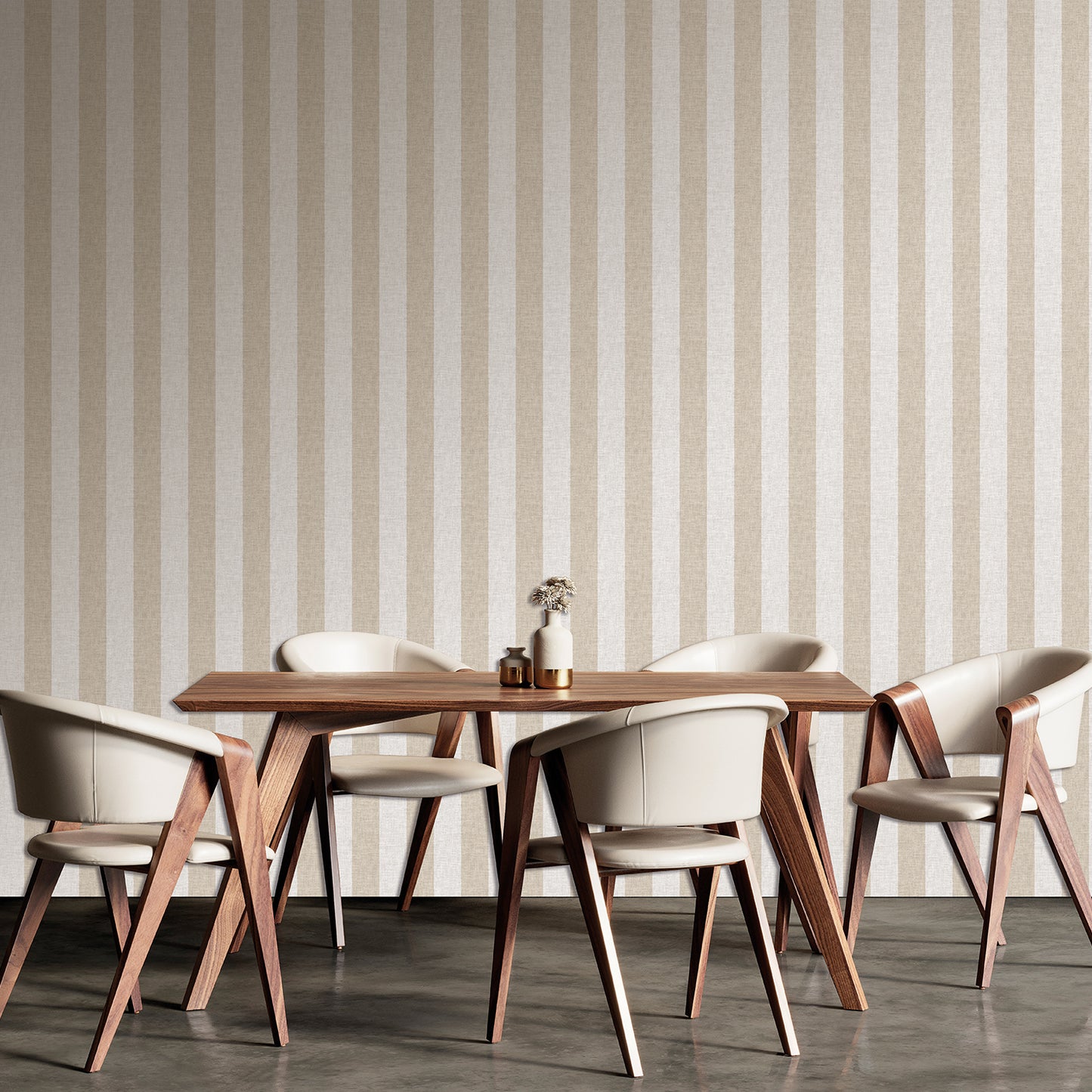 Taupe linen-stripe wallpaper.