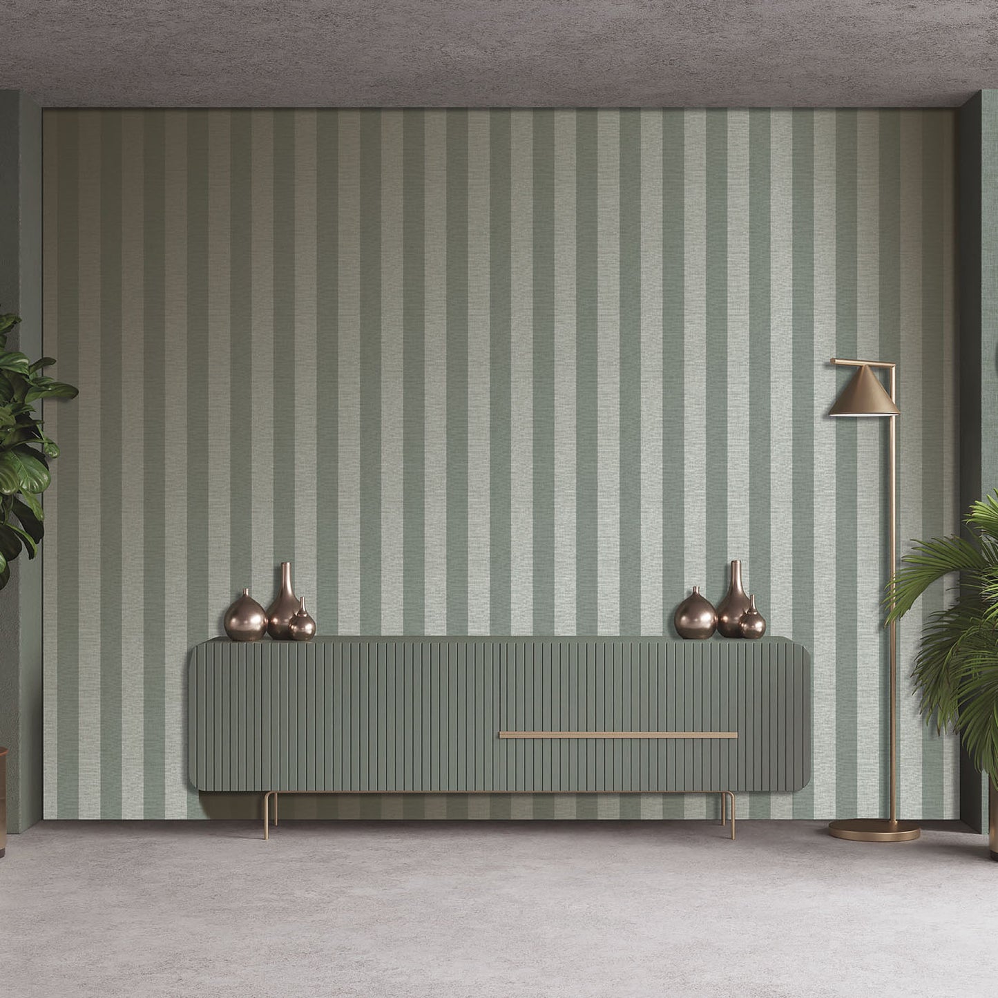 Green striped wallpaper pattern with linen texture.