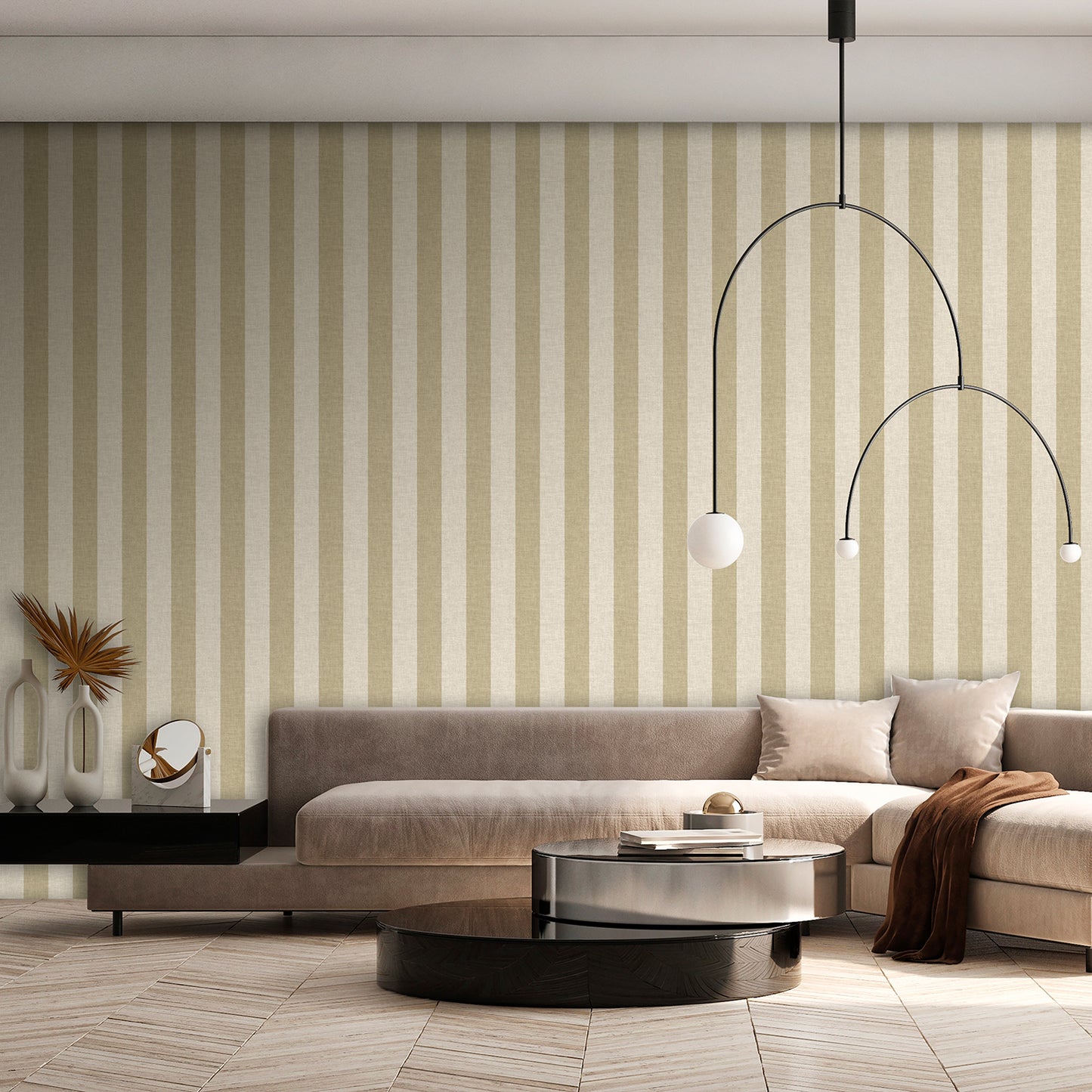 Sage linen-striped wallpaper on a wall in a modern living room; neutral sofa and cushions, glass coffee table visible.