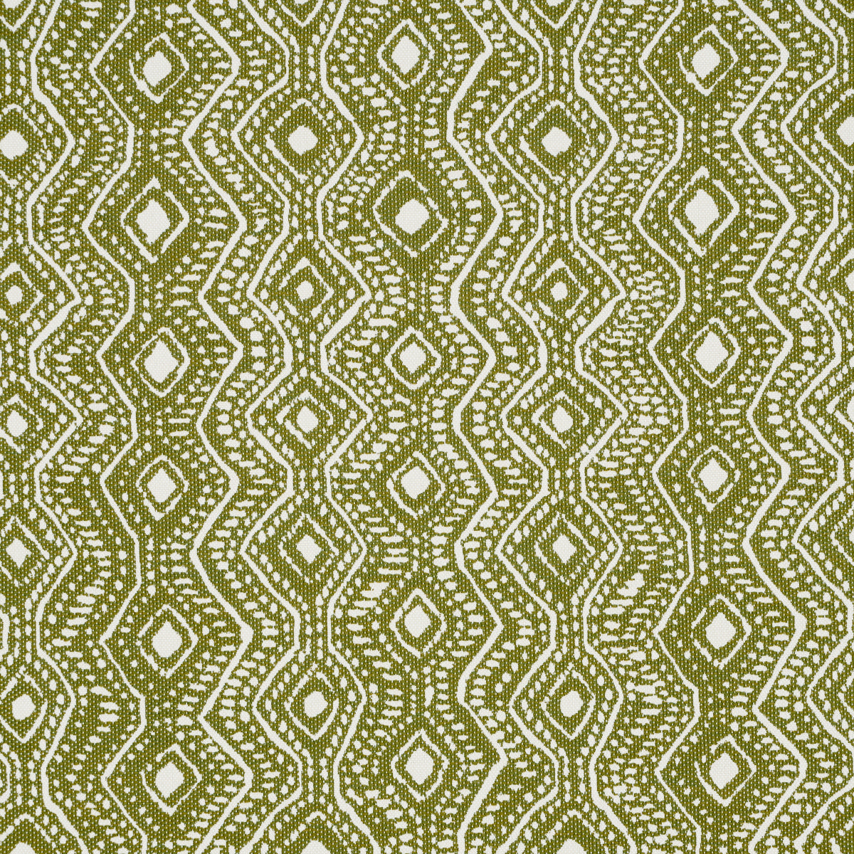 Olive green fabric with white geometric diamond and dot lattice pattern; versatile textile for upholstery or apparel.