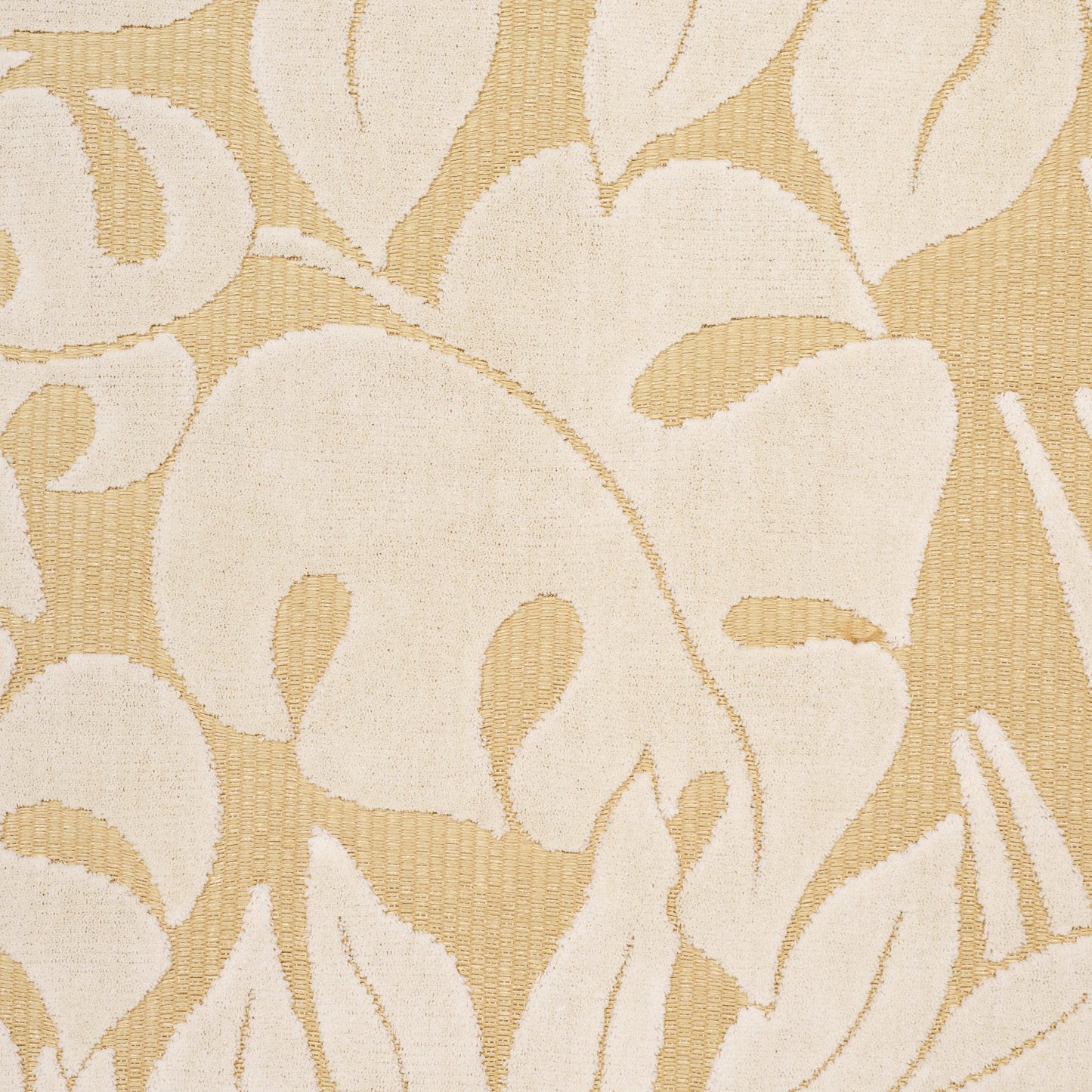 Beige damask fabric with ivory floral leaf pattern, woven texture, elegant home decor textile.