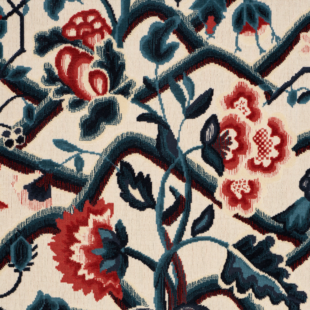 SCHUMACHER CUT & PATTERNED VELVETS JACOBEAN GARDEN VELVET WOVEN WOVEN CINNABAR , PEACOCK - 84821