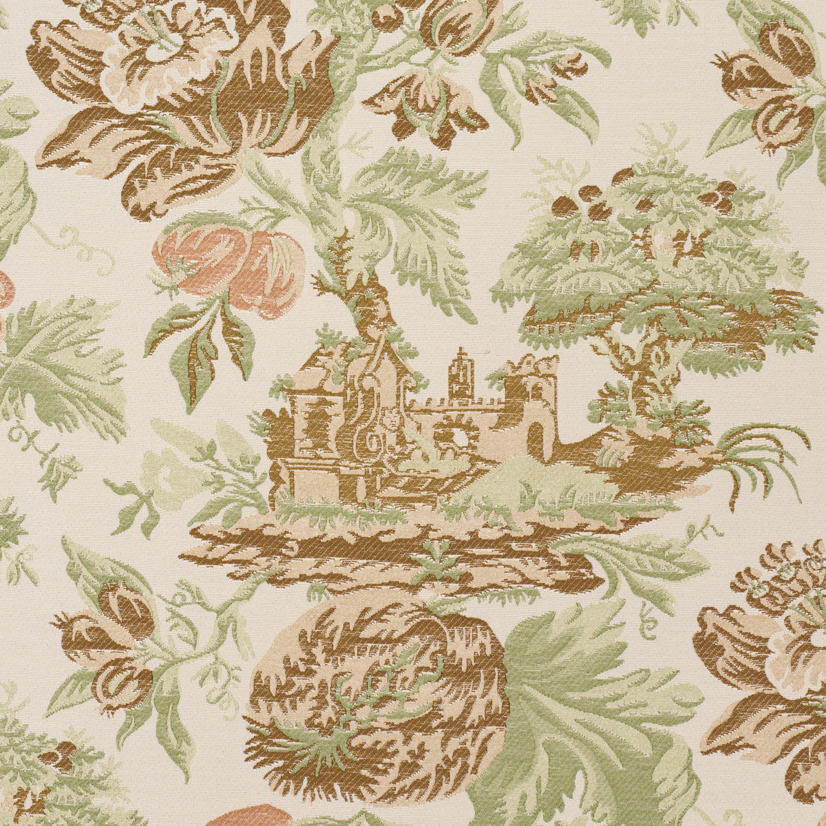 Beige fabric with brown & sage green toile print showing a castle ruin amid trees and florals.