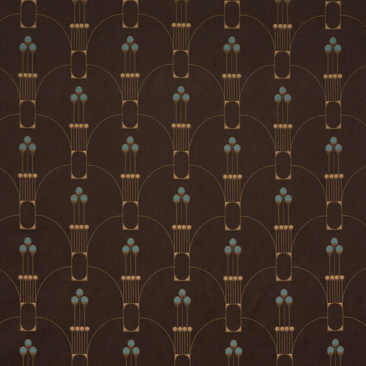 Dark brown wallpaper with repeating gold Art Deco arches and vertical stems topped by teal blue buds.