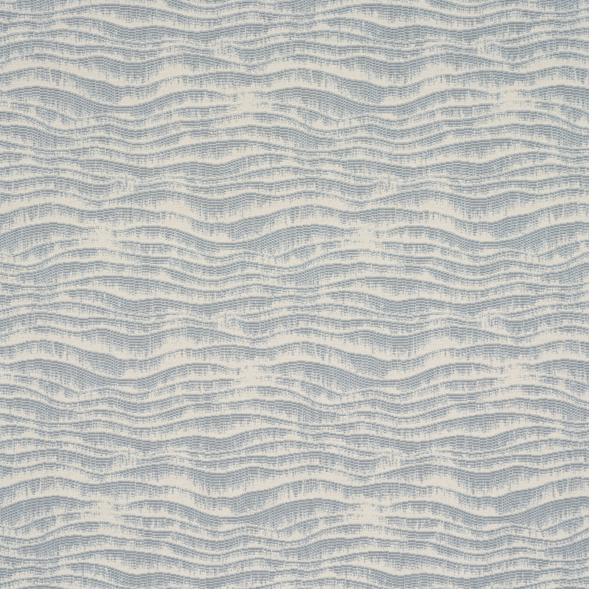 Light blue and ivory ripple-woven fabric with wavy horizontal stripes; textile swatch.