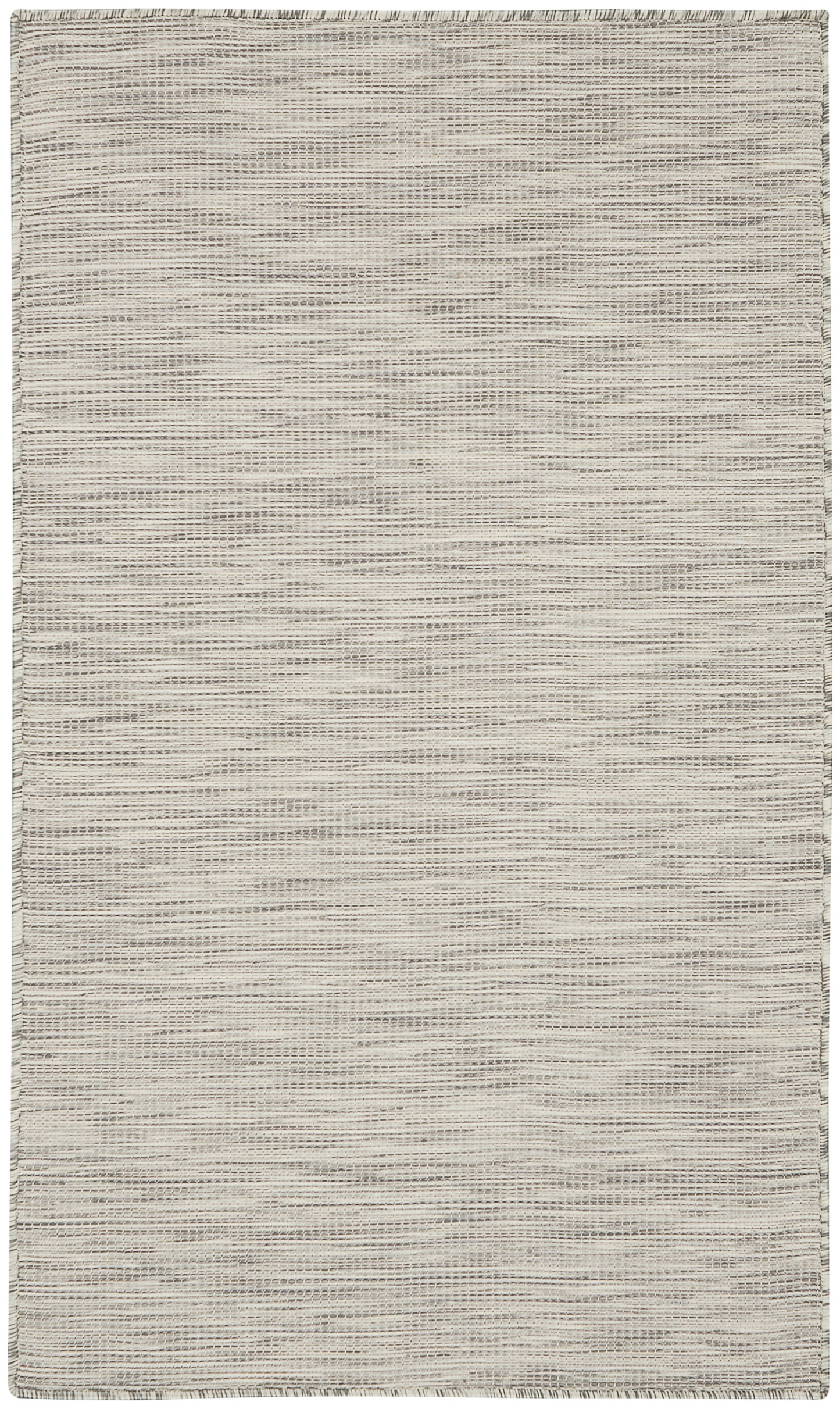 Beige woven area rug with subtle horizontal stripes and natural fiber texture; rectangular with bound edges.