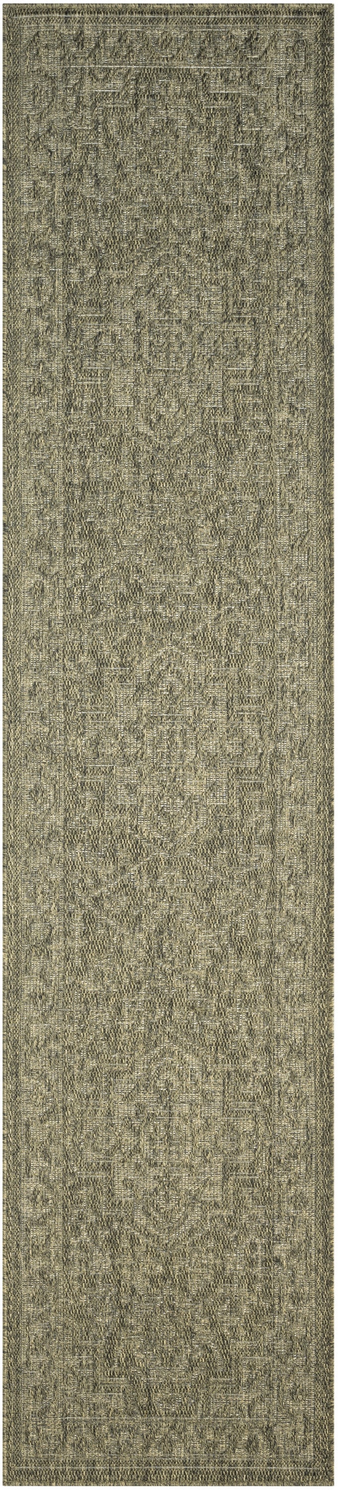 Taupe distressed oriental runner rug with intricate medallion motifs, decorative border, and woven texture.