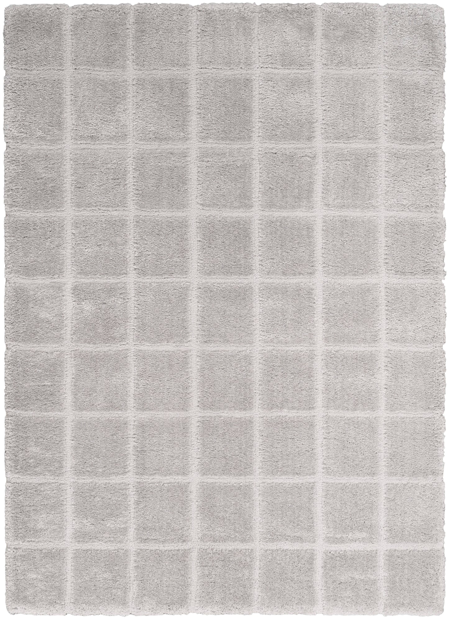 Soft light gray shag rug with a subtle square grid pattern, plush texture, rectangular shape.