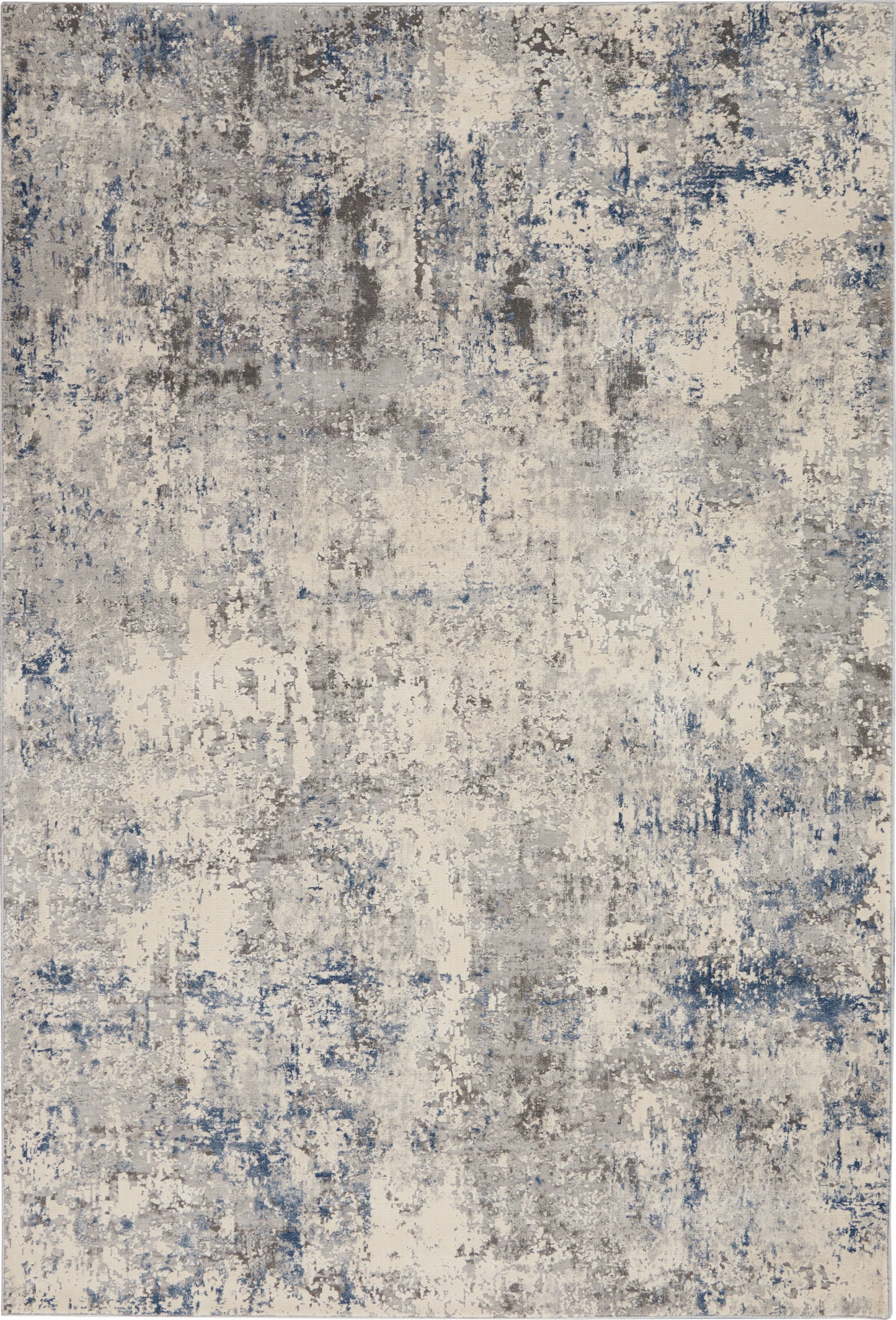 Rustic distressed area rug in cream, gray and blue tones with mottled texture.