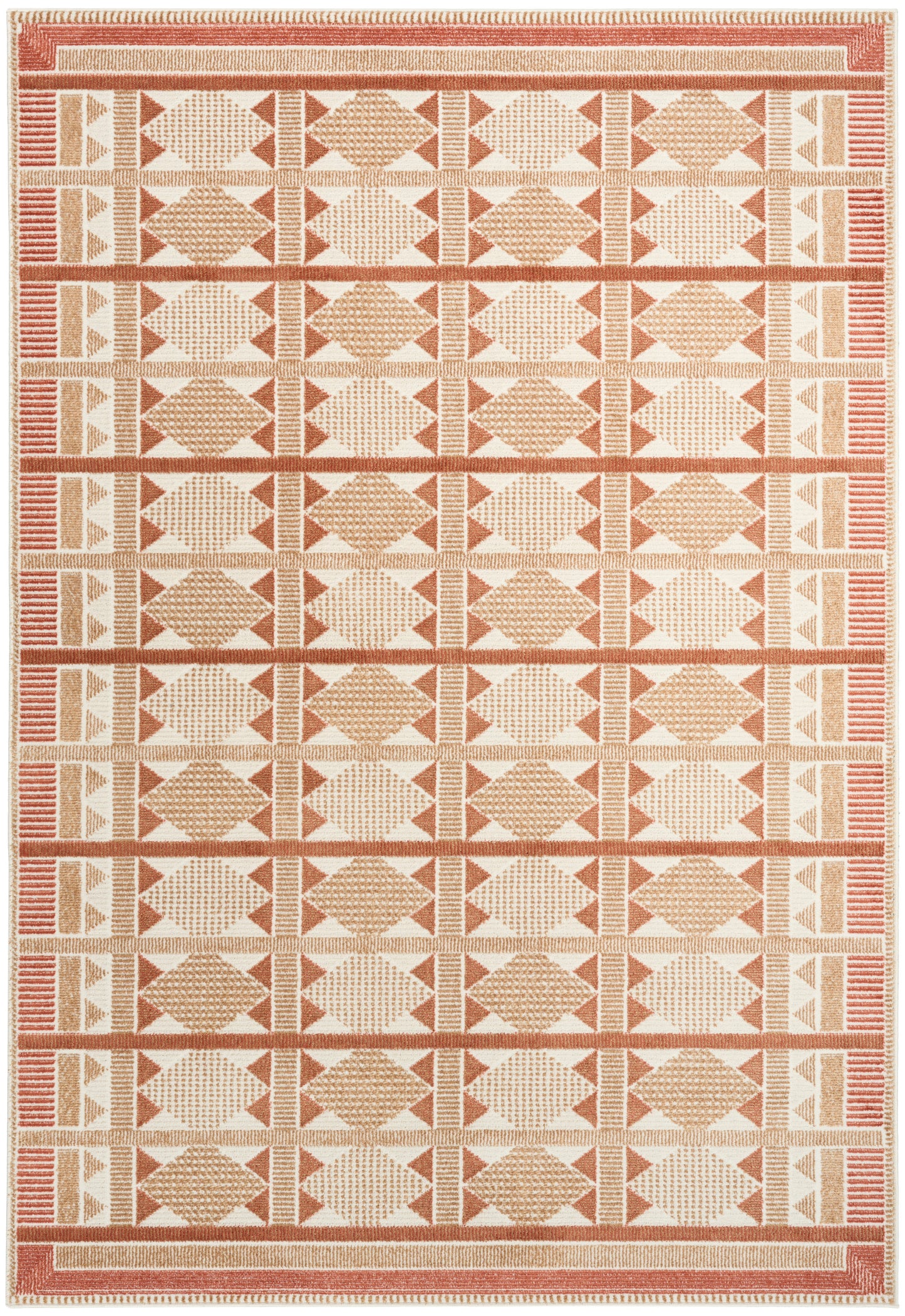Rectangular woven rug in beige & terracotta with repeating diamond grid and striped borders; geometric tribal style.