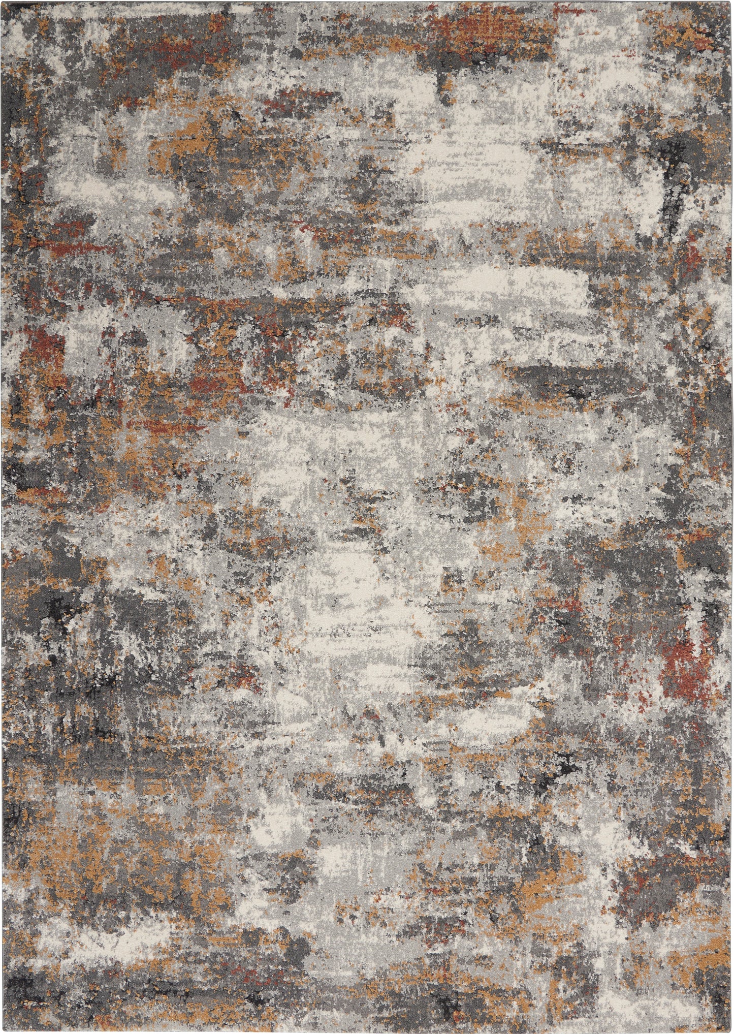 Abstract distressed area rug in grey, cream, rust, and tan tones with an irregular modern pattern.