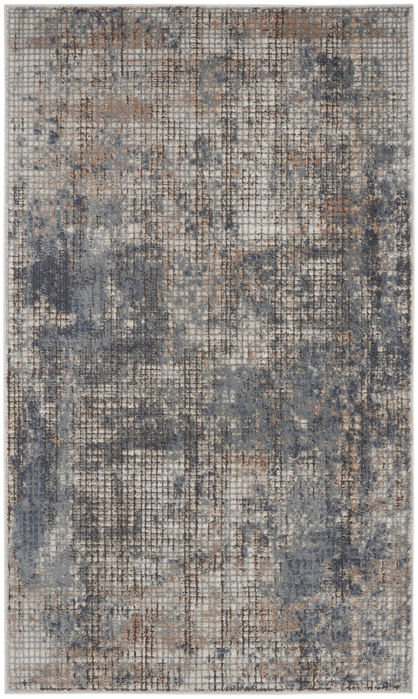 Rectangular distressed area rug in grey, blue and beige with a muted grid pattern, 3' x 5'.