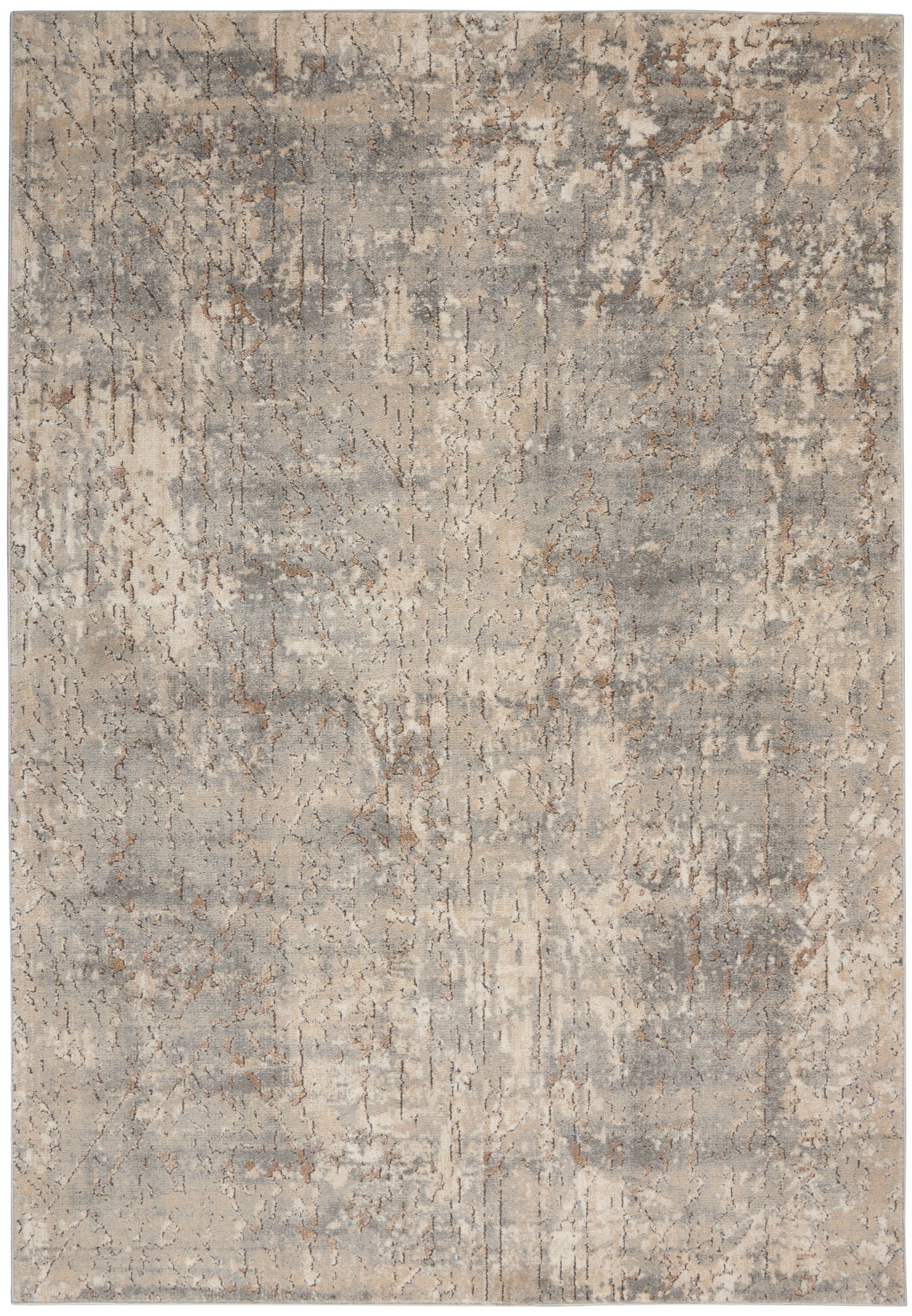 Rectangular distressed abstract area rug in gray and beige tones with a vintage, weathered pattern.