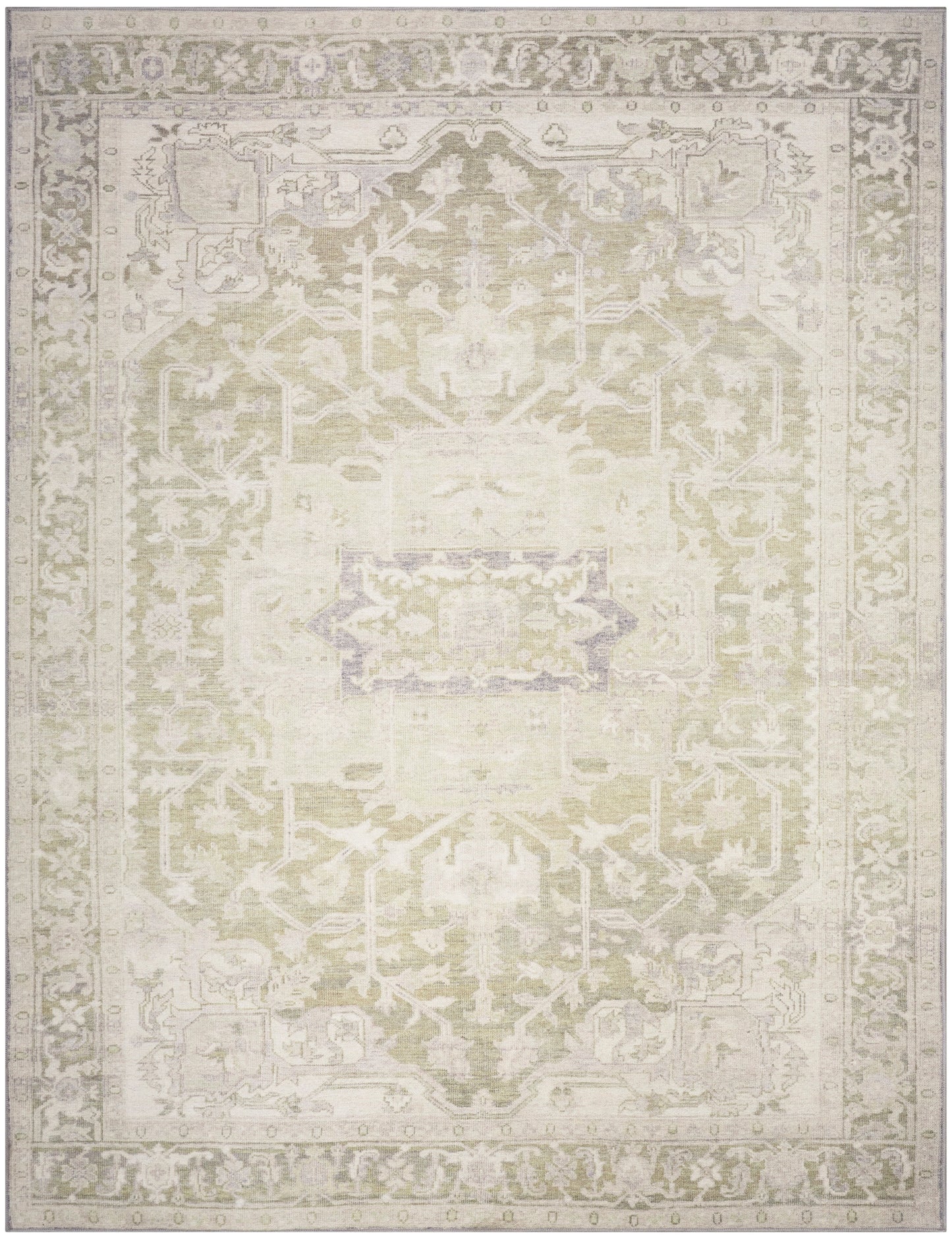 Distressed cream-and-ecru oriental rug with subtle gray borders and ornate central medallion.