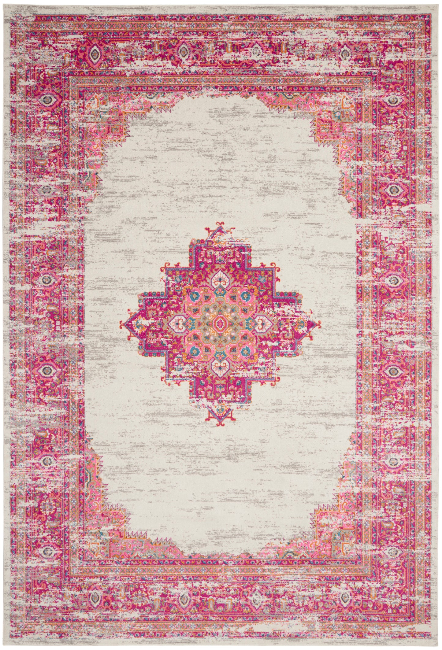 Distressed pink oriental rug with ivory field, ornate magenta borders and a colorful central medallion.