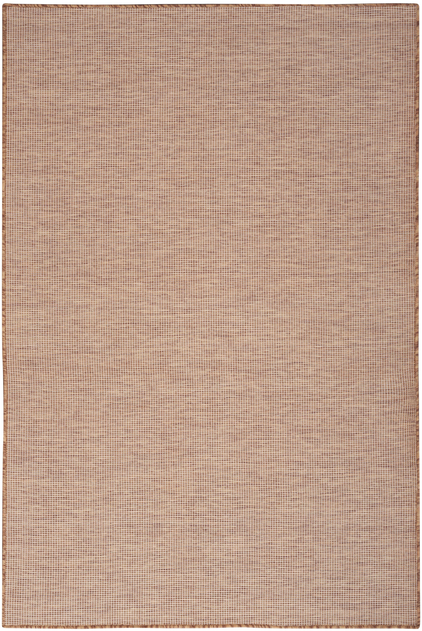 Beige woven rug with tiny grid texture and narrow darker border; rectangular natural-fiber floor covering.