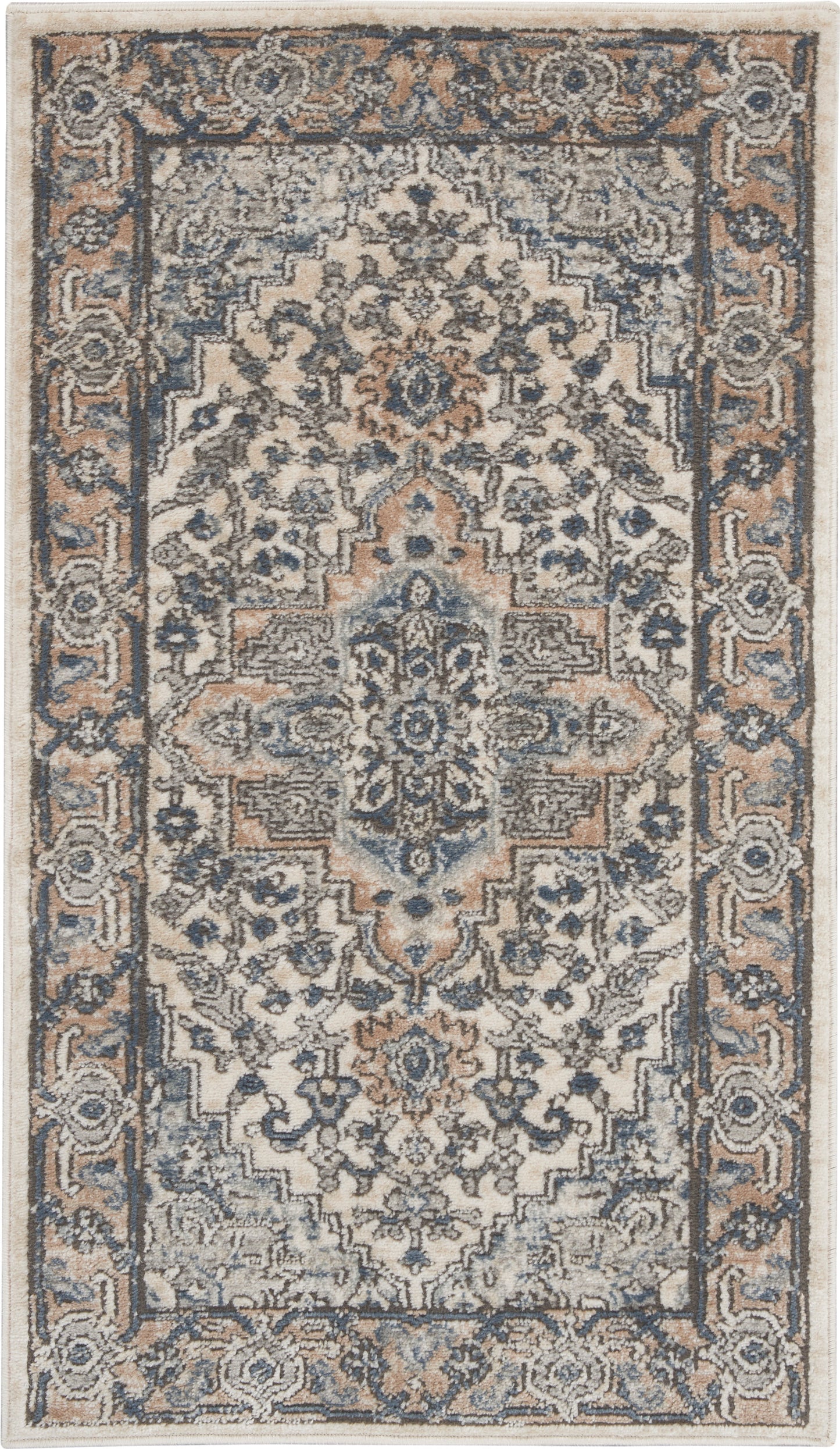 Rectangular Oriental rug with blue, ivory and beige tones, intricate central medallion, ornate border; vintage distressed finish.