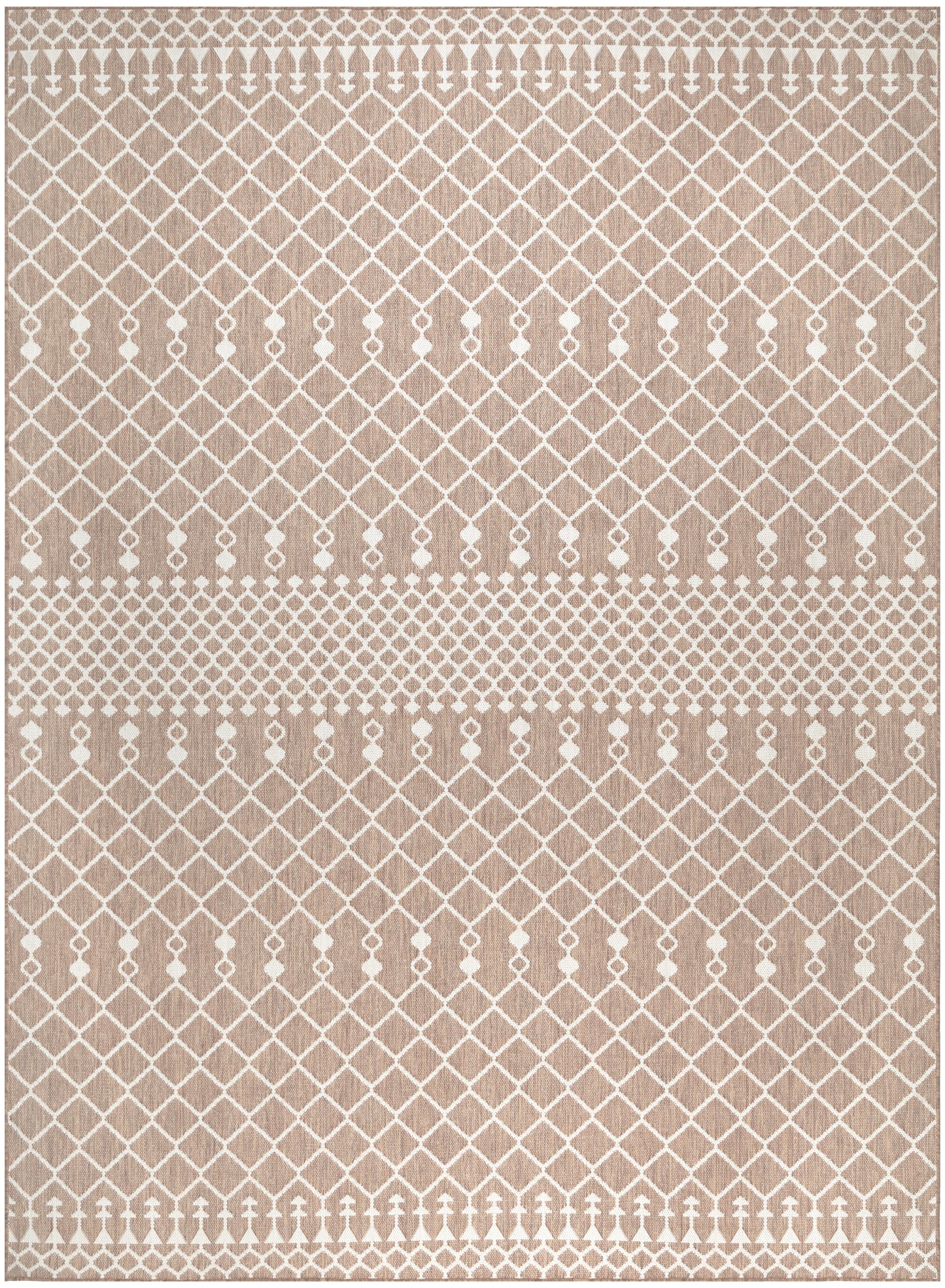 Beige rug with white geometric lattice diamonds and dotted borders for a modern, decorative look.