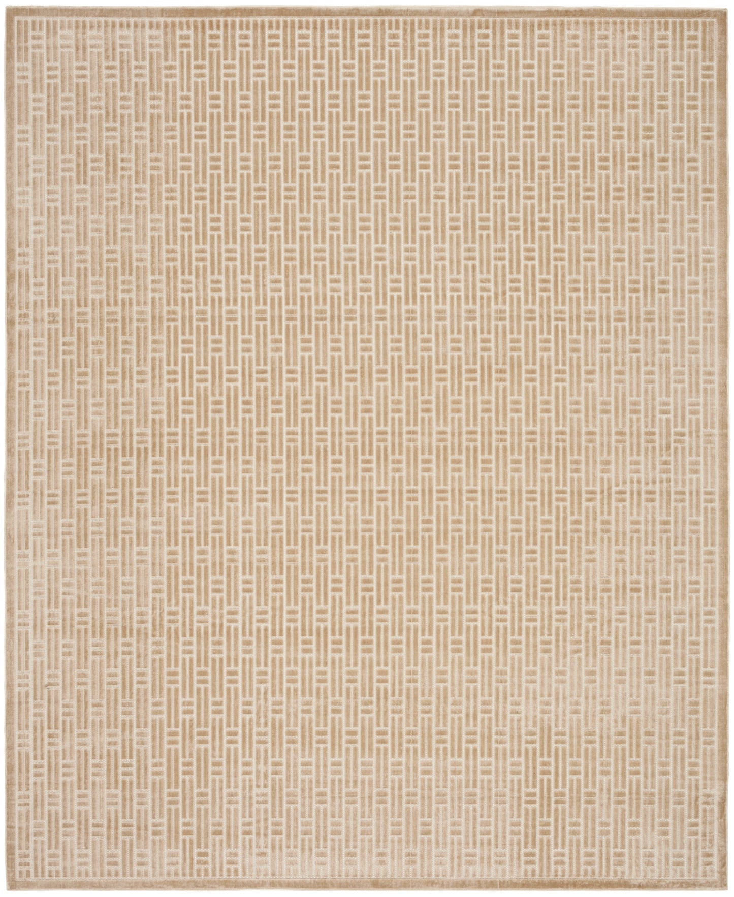 Beige woven rug with a repeating geometric basket-weave pattern and pale border.