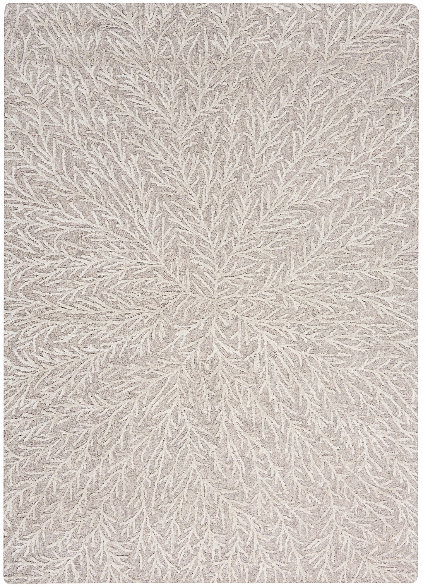 Taupe rug with ivory branching motif, soft textured surface, modern rectangular decorative rug.