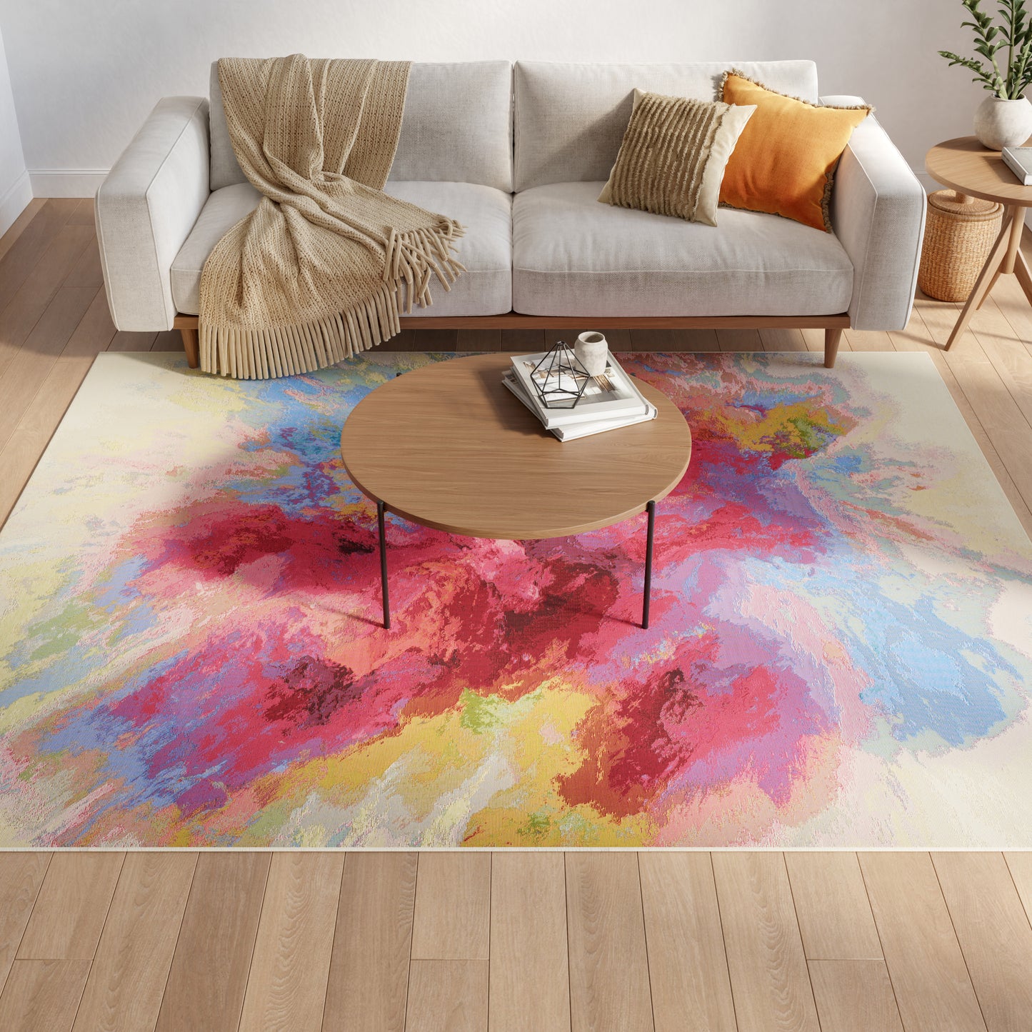 Vibrant abstract rug in light gray, beige and orange-tan tones; 4' x 6'.