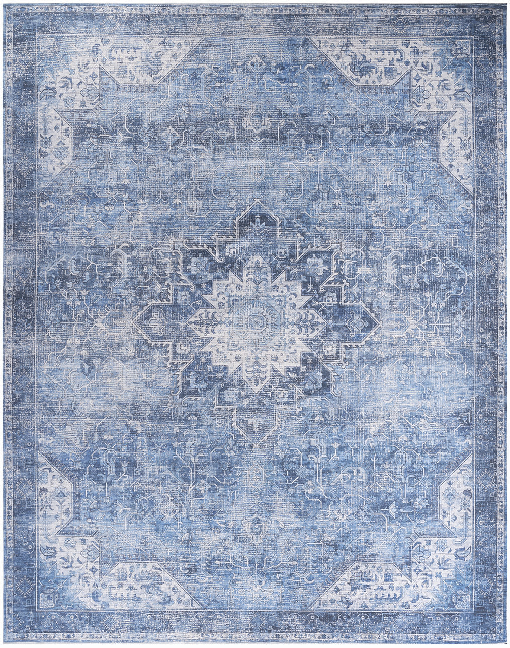 Rectangular blue distressed vintage oriental rug with a central medallion, faded indigo tones and ornate border.