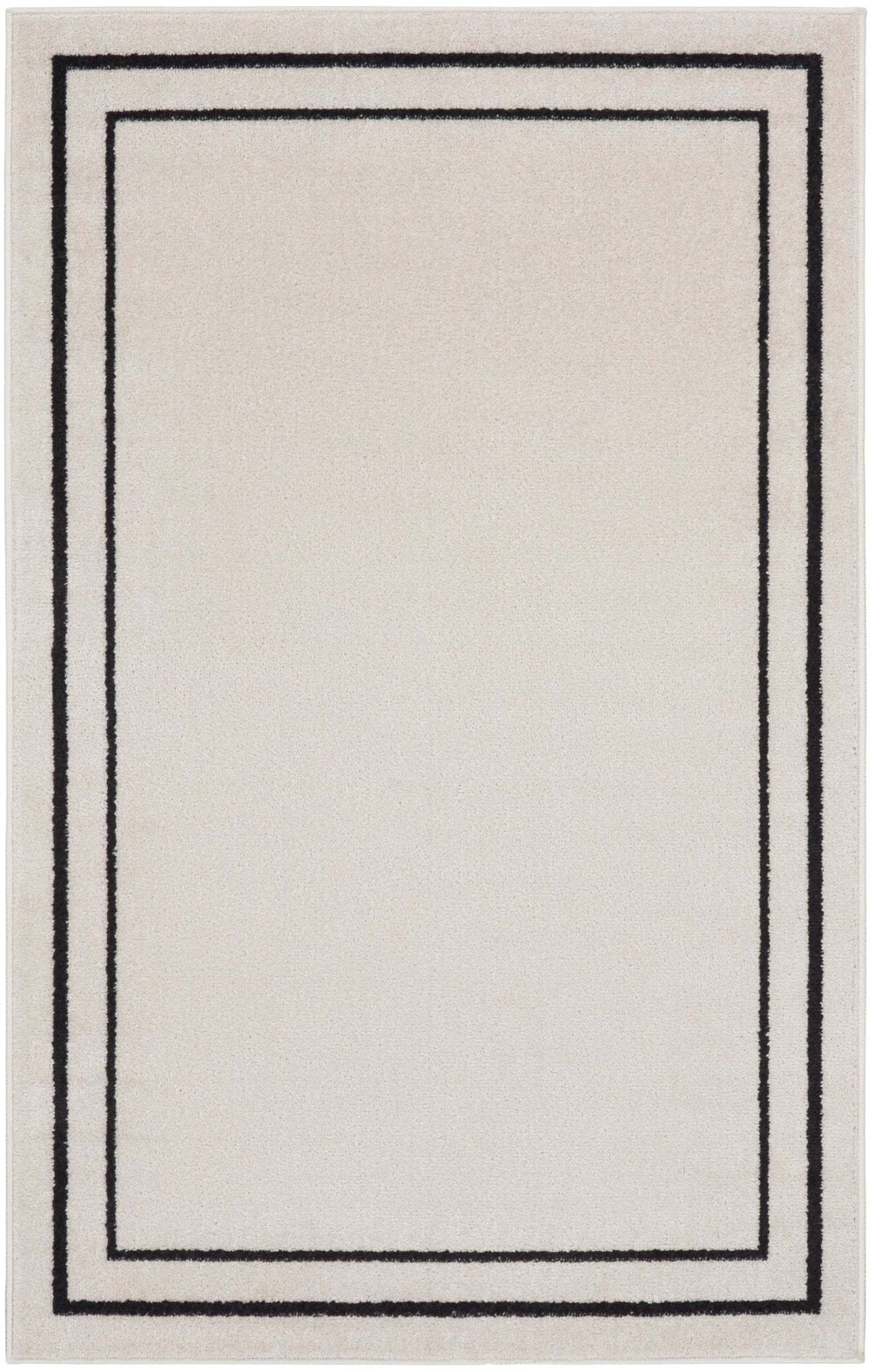 Beige rectangular rug with a black double border framing an inner rectangle; modern minimalist style.