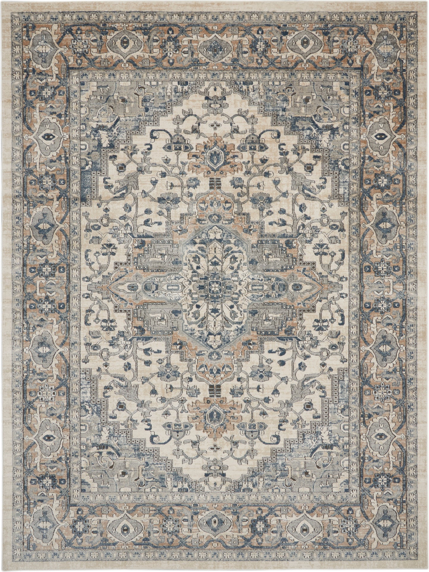Traditional Persian-style area rug in ivory, blue, and beige with a central medallion and ornate floral border.