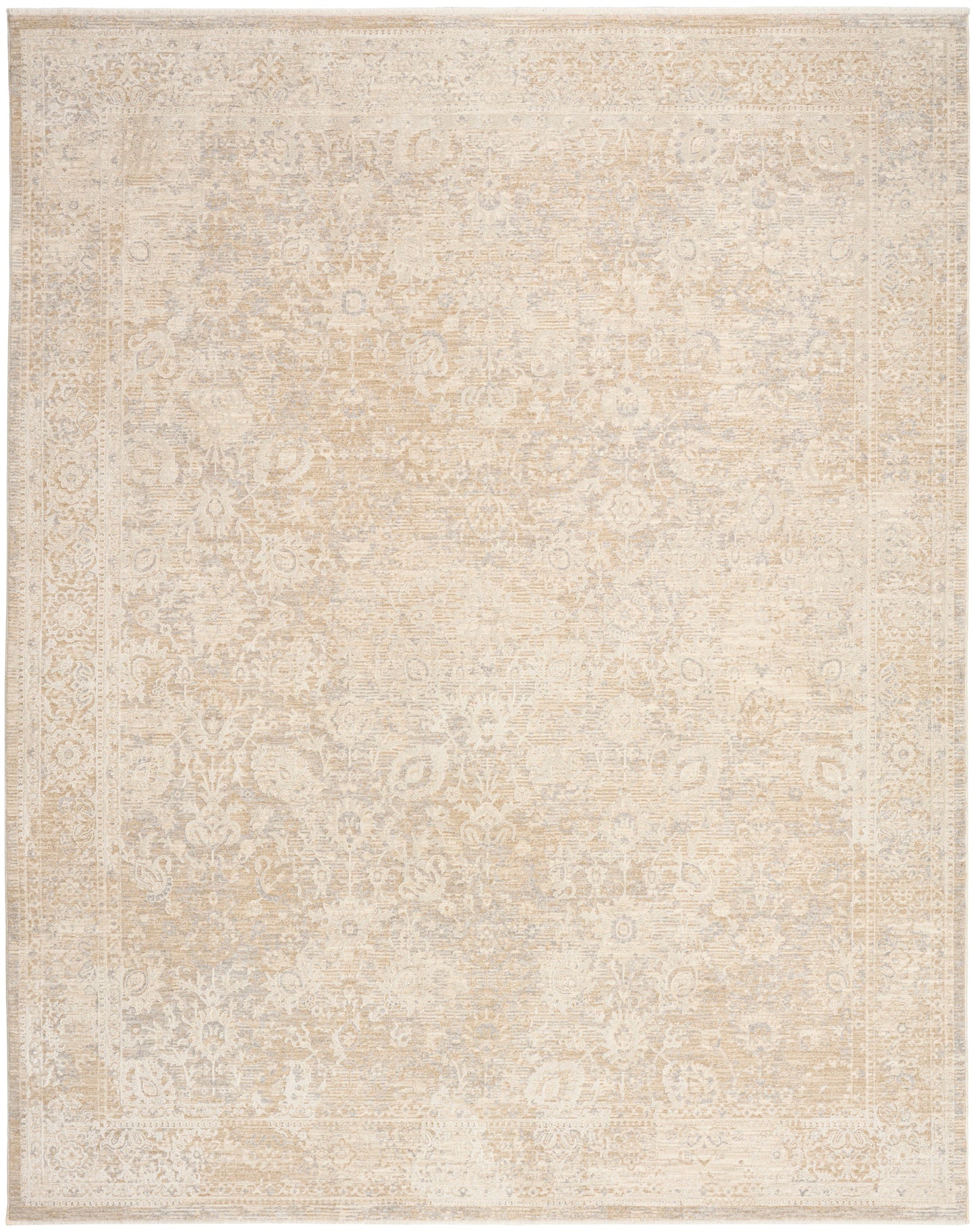 Rectangular neutral-toned rug in cream/beige with vintage oriental motif and decorative border.
