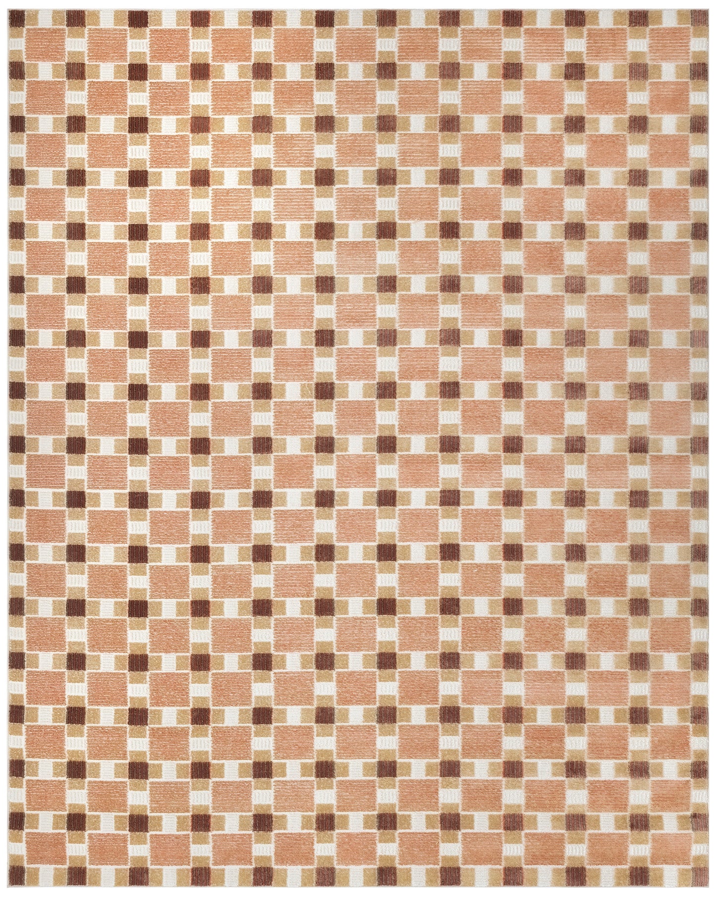 Rectangular rug with peach and cream checkerboard blocks and brown accent squares in a retro geometric design.